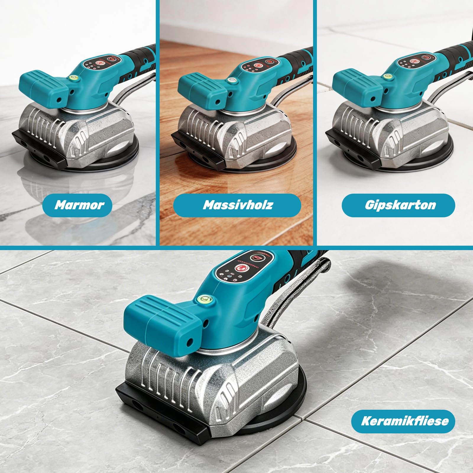 YEARTOP 2-in-1 Fliesenrüttler Akku 125mm Saugnapf Kompatibel mit Makita 18V | Fliesen Vibrationsgerät für Fliesen/Marmor/Holz/ Gipsplatte, Max 12000 RPM 5 Gänge, 110LBS Saugheber mit 2x 2.0Ah Akkus