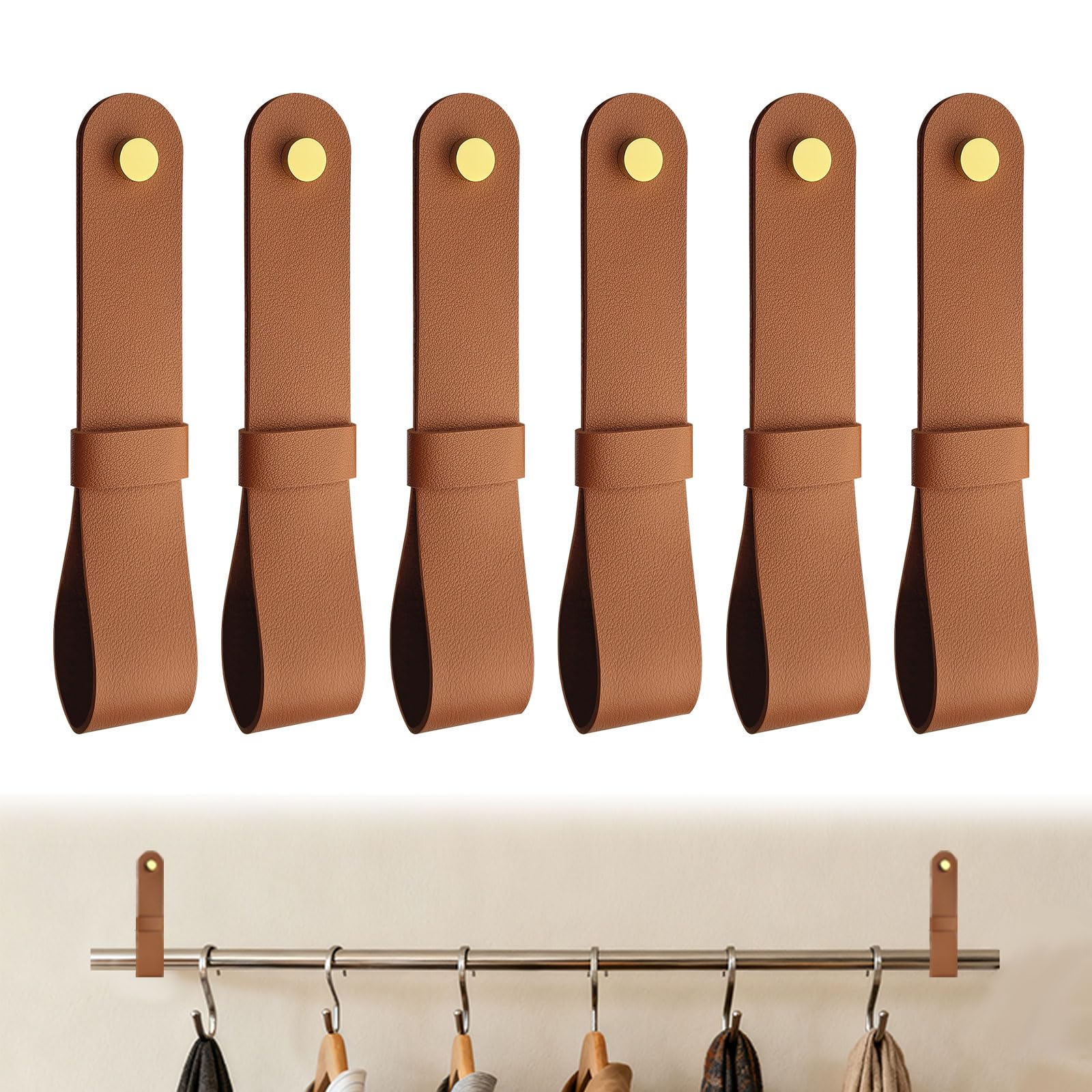 LELE LIFE 6 Pack Leather Curtain Rod Holders, Decorative Curtain Rod Brackets for Wall with Screws & Brass Caps, Hanging Straps Pole Hanger Hook for Towel Tapestry, Brown
