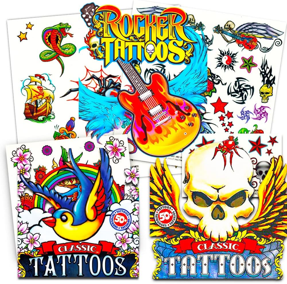 SavviClassic Tattoos Party Pack (3 Full-Sized Bags ~ 150 Tattoos) American Traditional Rocker Temporary Tattoos for Men and Women