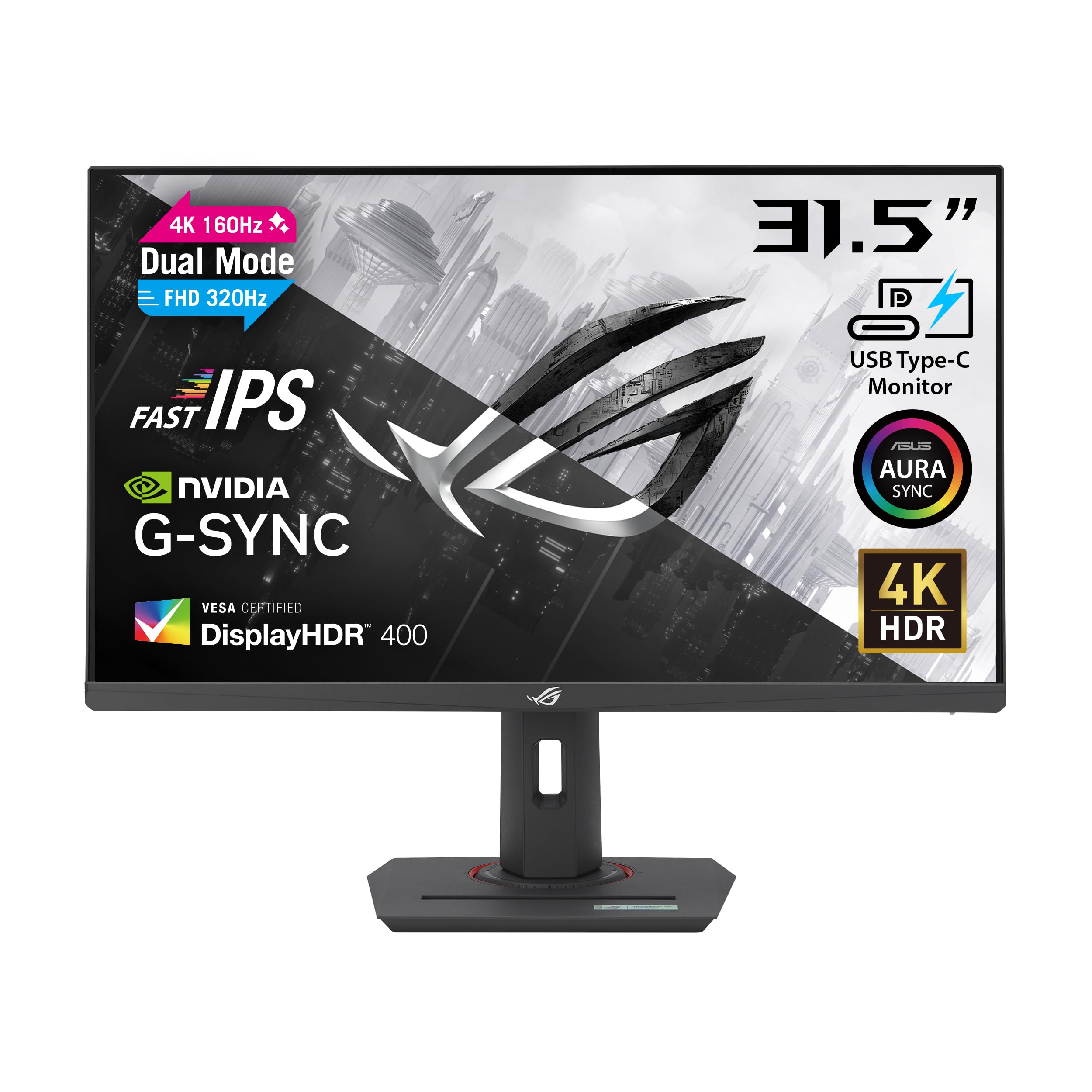ASUS ゲーミングモニター/ROG Strix XG32UCG/31.5インチ/3840x2160/デュアルモード（4K 160Hz / フルHD 320Hz）/0.3ms（min.）/Fast IPS/Extreme Low Motion Blur Sync/USB Type-C/G-Sync対応/DisplayWidget Center/三脚ソケット/HDR/Aura Sync/国内正規品