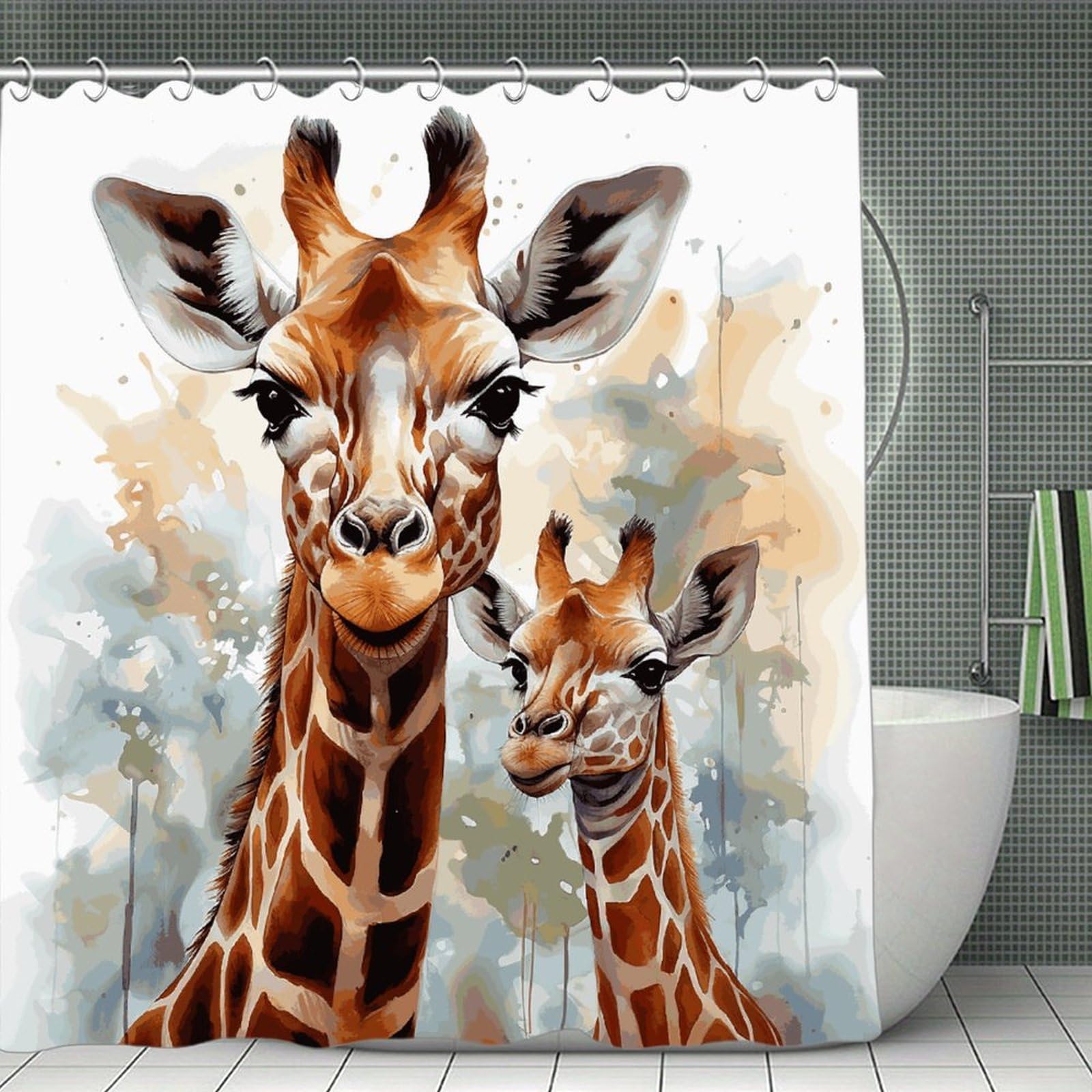 VstaDank Watercolor Deer Giraffe Shower Curtain Light-Weight Blackout Bathroom Curtain Washable Shower Liner 71x71 Inch Bath Curtain with Metal Holes Bathtub Bath Room