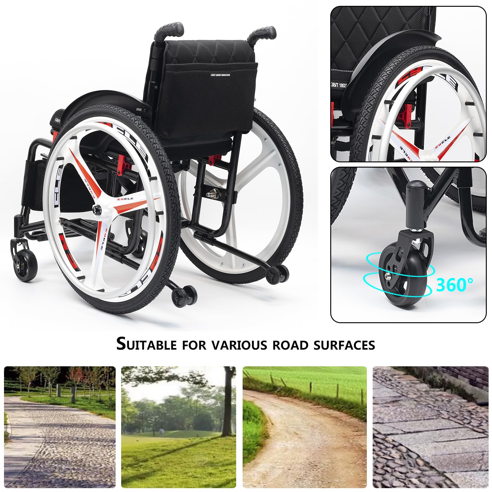 Ultra Leichtes Sport -rollstuhl Für Erwachsene, Faltbare Outdoor- Und Indoor -schaltradstuhl, Tragbarer Aluminiumlegiertransport -rollstuhl Mit Handbremse, Tragfähigkeit Von 220 Lb/100 Kg(40cm/15.7in,