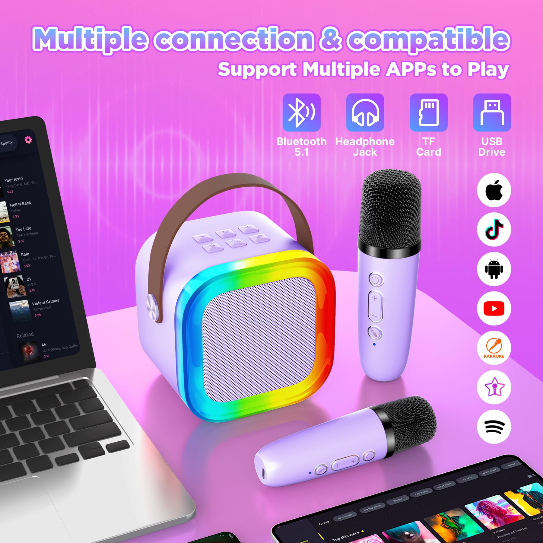 Gontence Karaoke con 2 Microfono Bambini - Macchina Musicale con Luce LED - Regalo per Bambine 3-12 Anni - Giocattolo Giochi Bambina 3-12 Anni -Mini Microfono Viola per Karaoke
