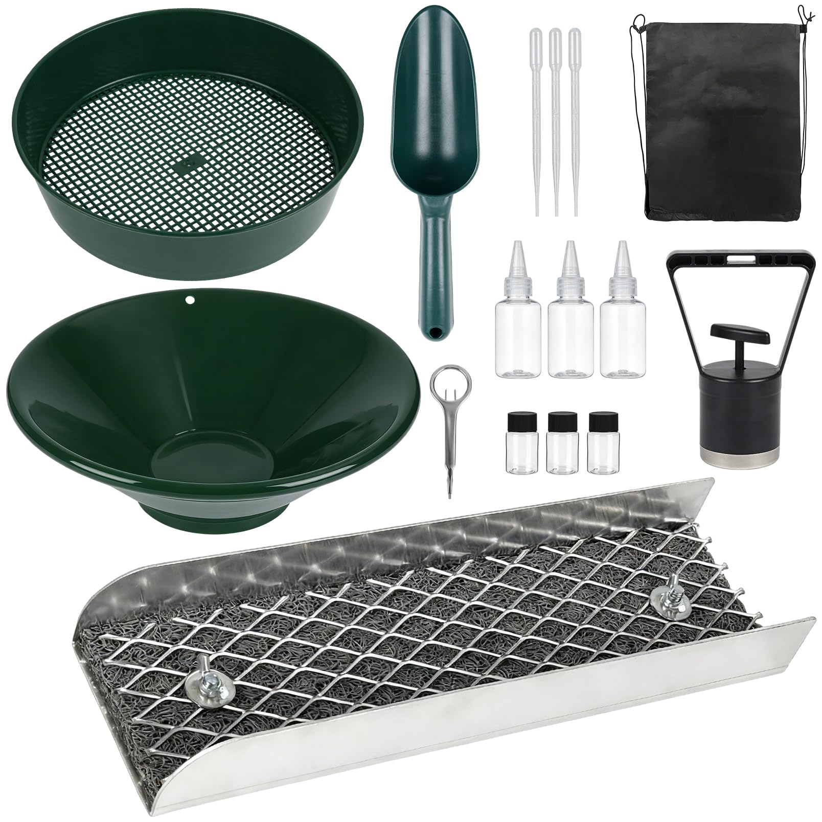 12 Inch Gold Panning Kit with Portable Sluice Box, Complete Gold Prospecting Kit with Sieve Pan, Shovel, Bottles & Storage Bag, Non Powered Aluminium Gold Mining Equipment for Beginners & Hobbyists