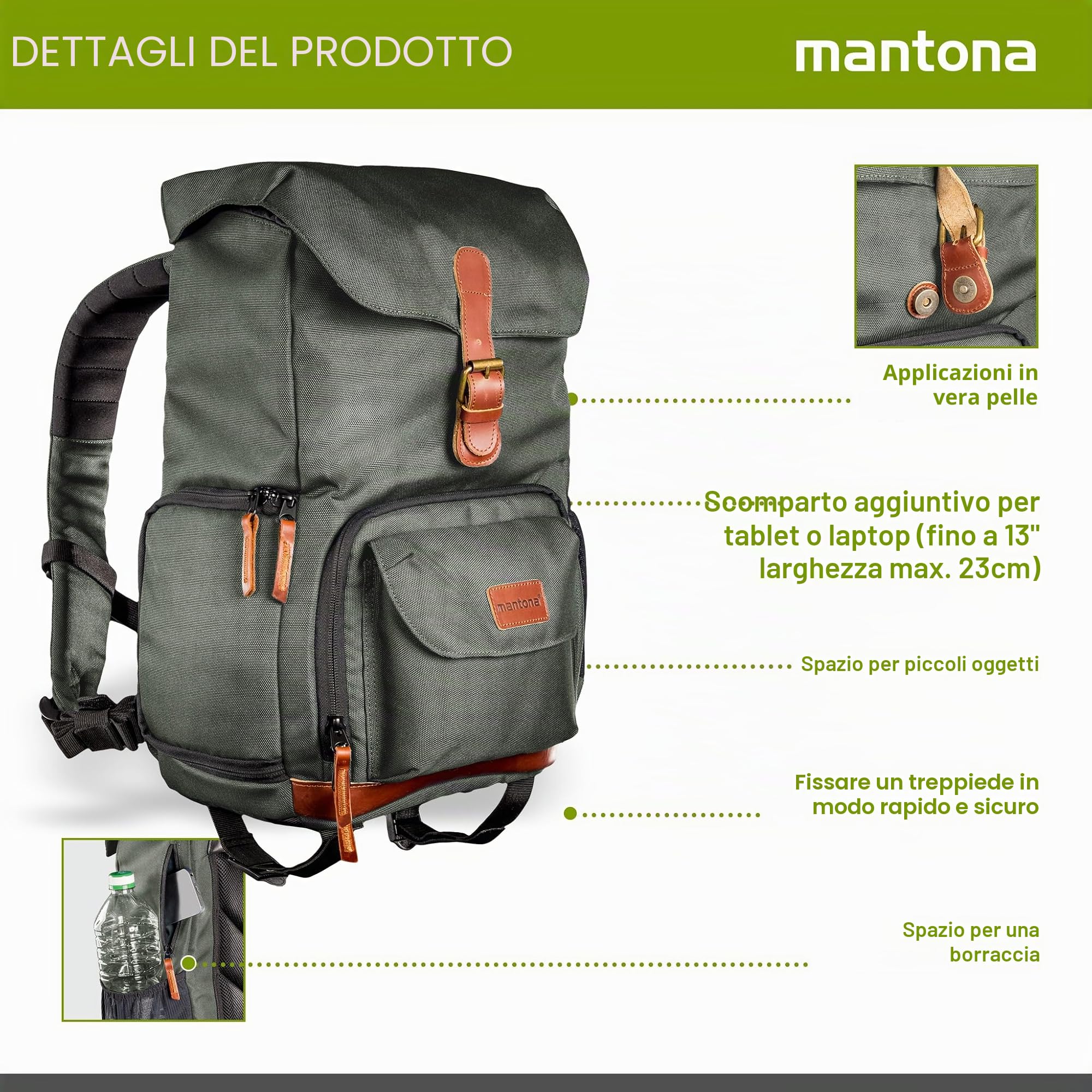 Mantona Luis junior Retrò Zaino fotografico verde con pelle, per fotocamera con protezione antipioggia, Borsa da fotografo con scomparto laptop, per 1 DSLR, 1-2 obiettivi e vari accessori fotografici