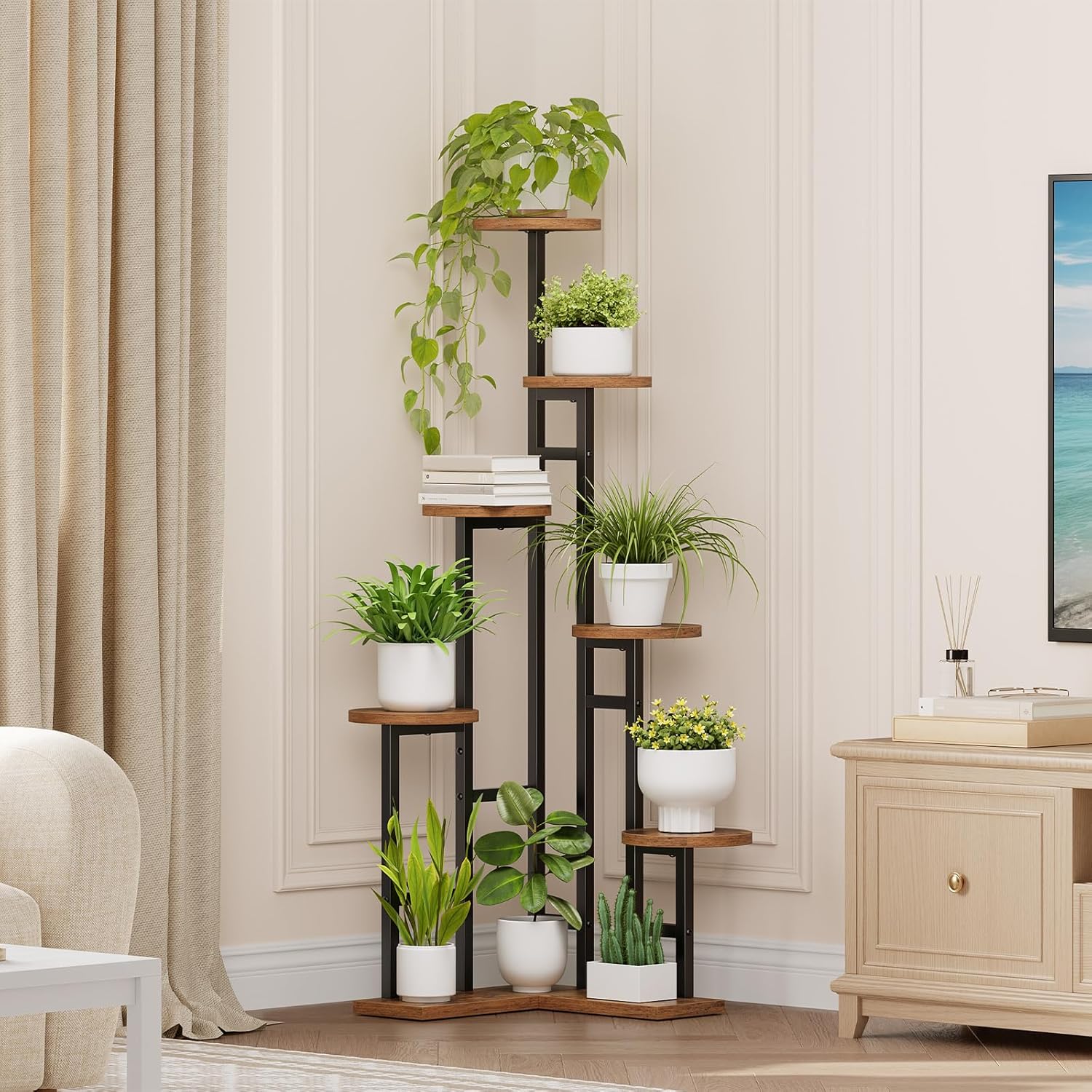 HOOBRO Corner Plant Stand Indoor and C Shaped End Table, 7-Tier Plant Shelf for Multiple Indoor Plants, Side Table for Small Spaces, Couch Table with Storage Bag, BF02HJ01-BF40SF01