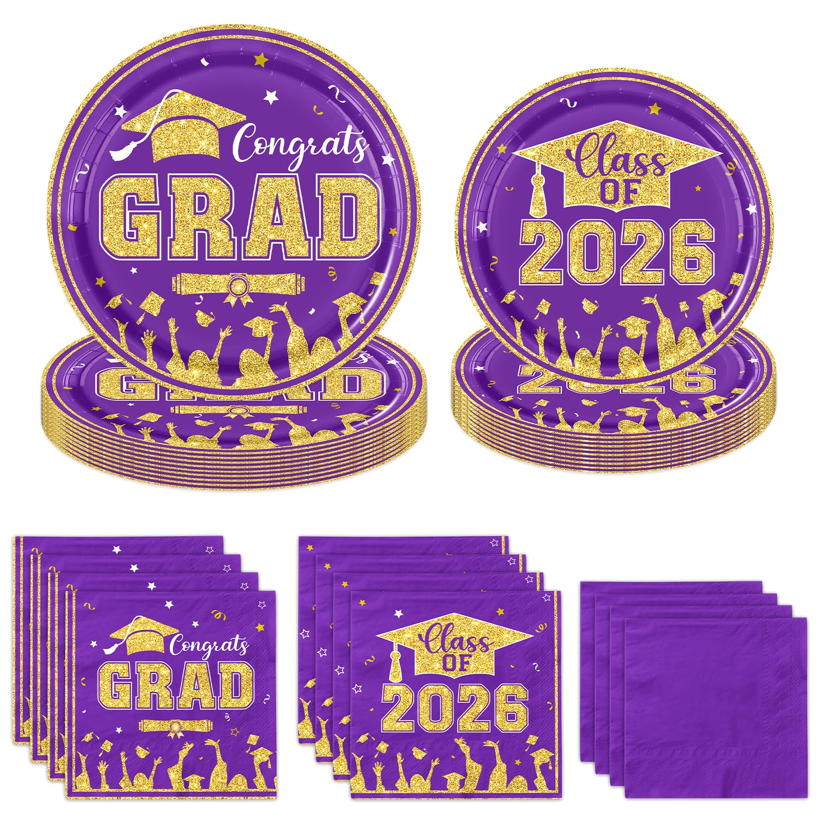 Guzbewu Purple Themed 2026 Gaduation Decorations Party Supplies-Purple And Gold Dessert Graduation Plates and Cocktail Napkins Sets,for College High