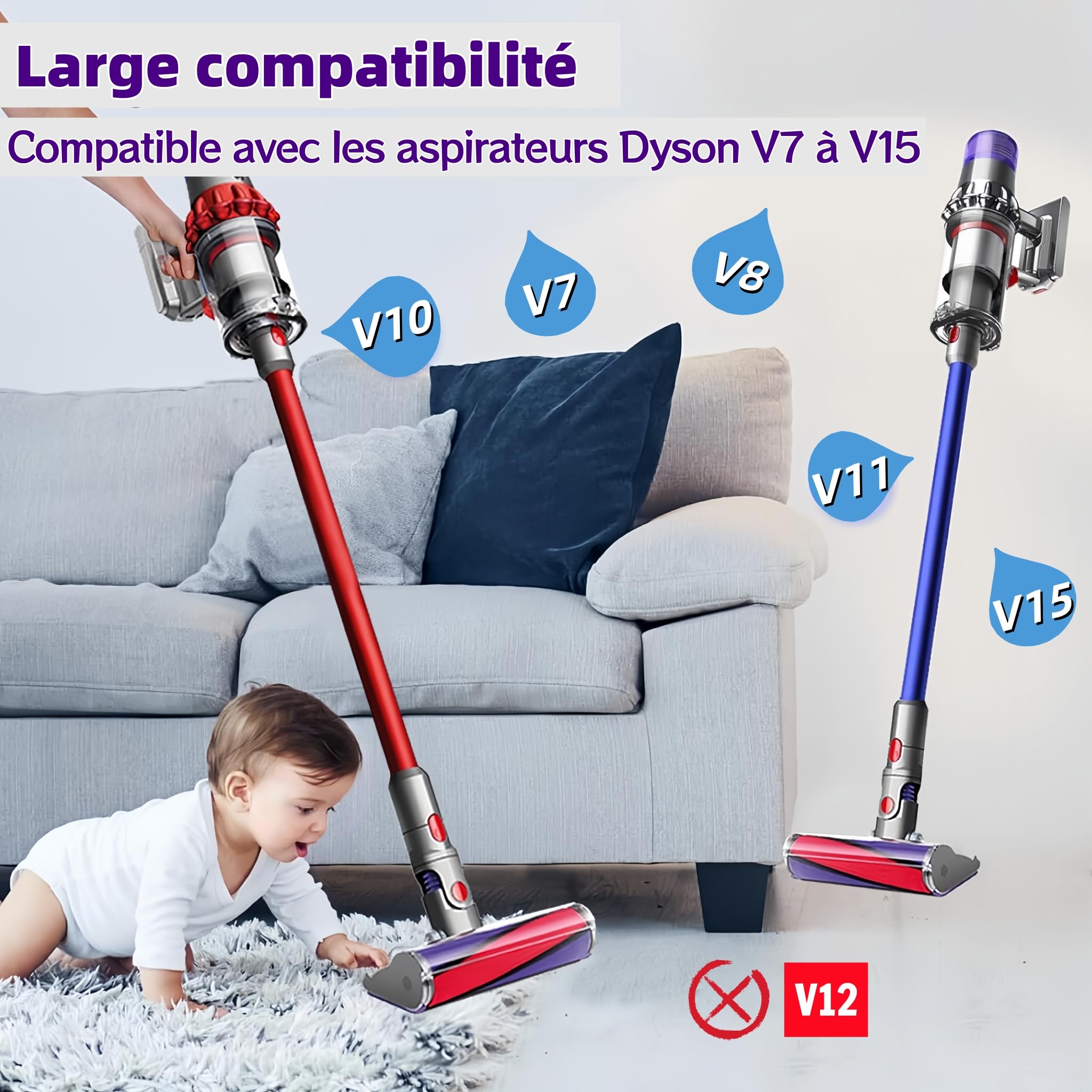 Brosse à Rouleau Souple pour Aspirateur Dyson V7 V8 V10 V11 V15, Tête de Nettoyeur Motorisée de Remplacement pour Sols Durs Parquet, Accessoire Embout Brosse SV10 SV11 SV12 SV14 SV15