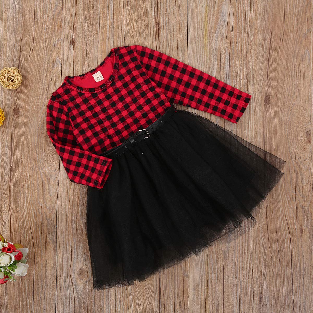 FIOMVA Toddler Kids Baby Girl Plaid Dress Ruffle Long Sleeve Tutu Dresses Party Princess Outfit Fall Winter Clothes (Black Tulle with Belt,1-2T)