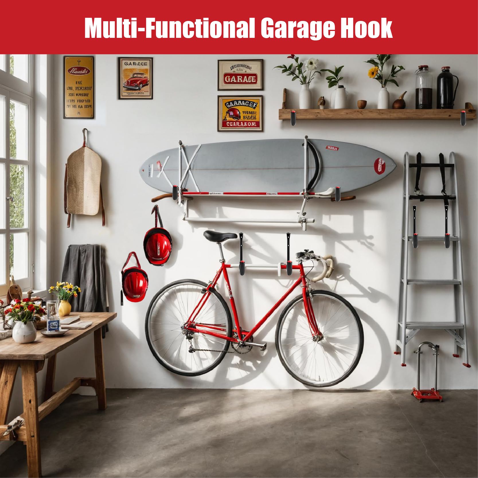 Sinoer accroche velo mural garage，crochet mural garage，rangement garage，crochets muraux，crochet velo，crochet a visser，supports muraux en acier，lot de 12 pièces,