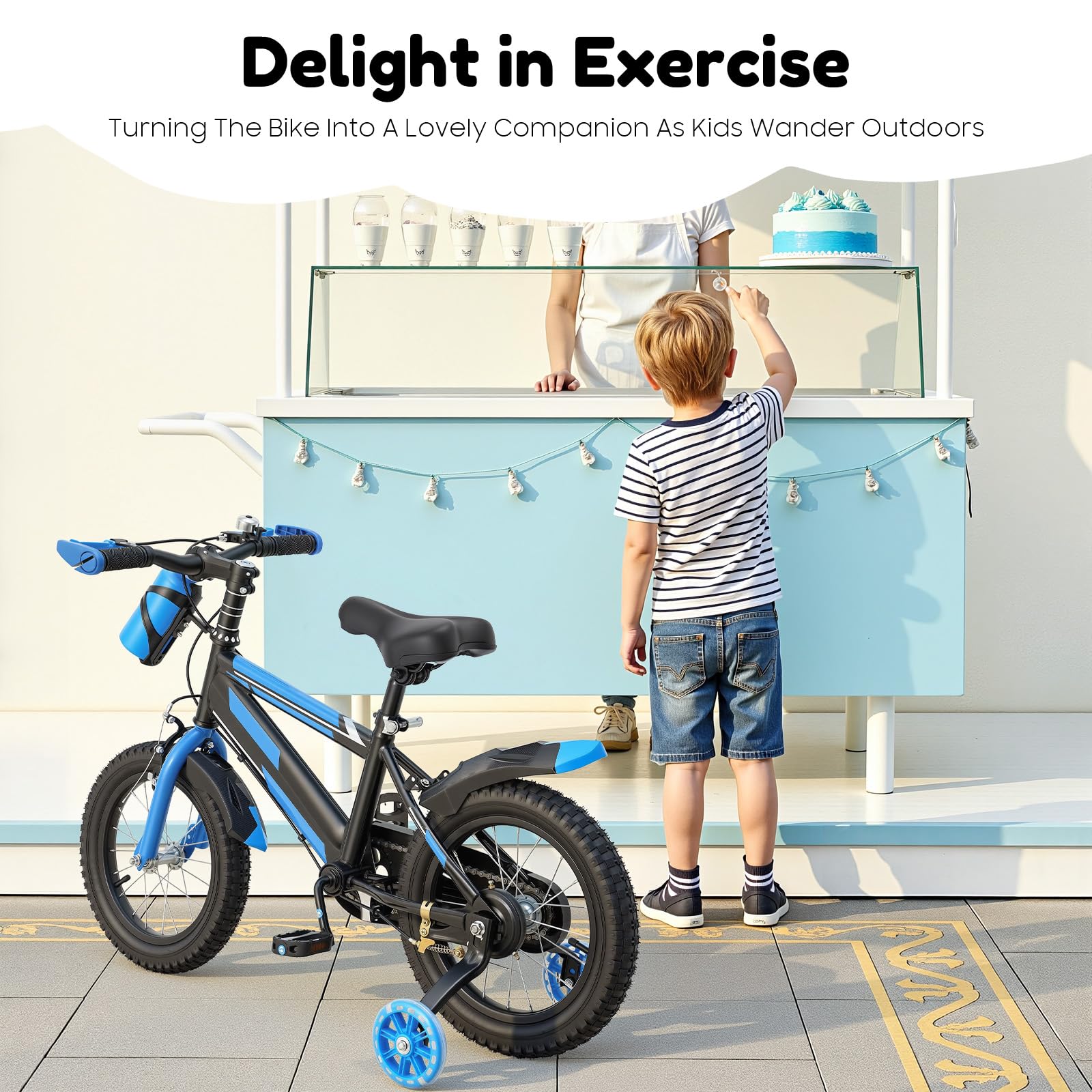 14-Zoll Kinderfahrrad für 3-7 Jährige, verstellbares Kinderfahrrad mit Stützrädern und Trinkflasche, 60 kg Tragkraft