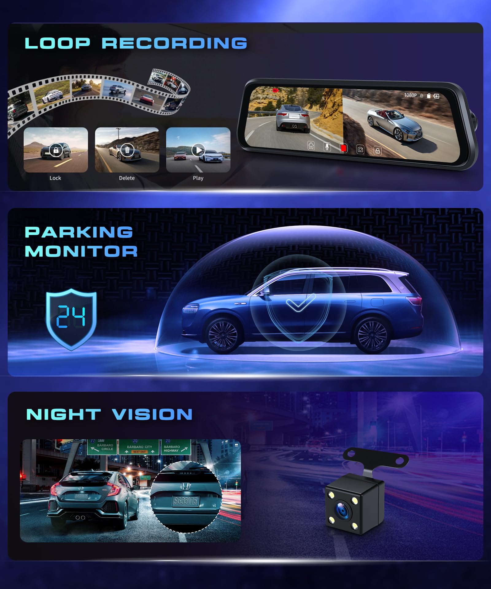 Rimoody Espejo Retrovisor Coche Dash CAM Cámara, 9.66 Pulgadas Pantalla Táctil IPS Espejo Dashcam HDR Vista Delantera y Trasera Cámaras 1080P/Visión Nocturna/Detección de Movimiento/Grabación en Bucle