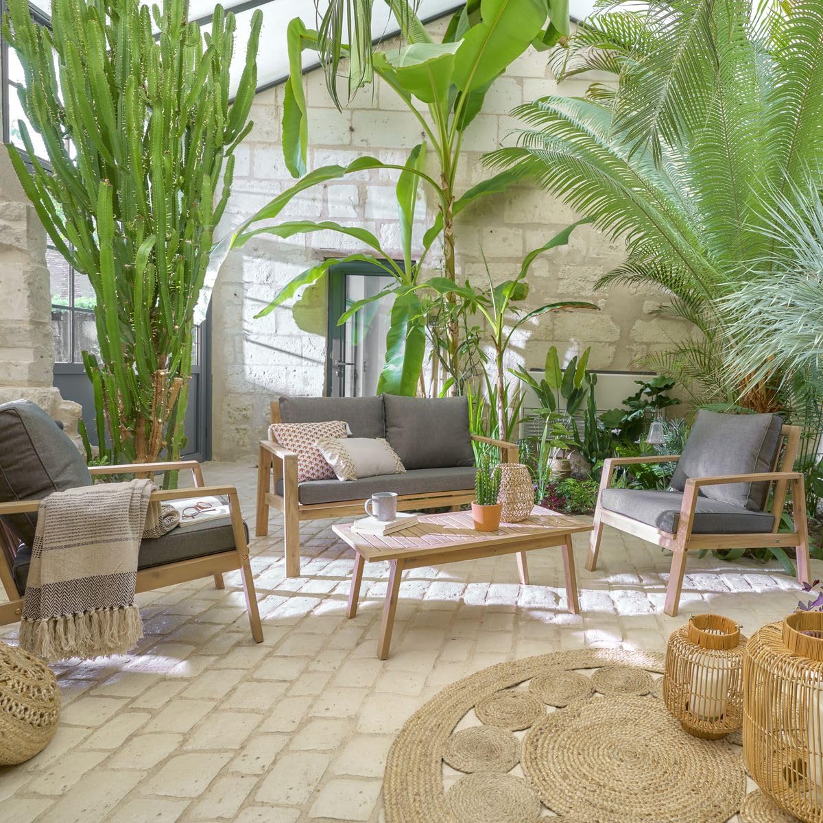 Hespéride - Salon de Jardin Tiwi Acacia et Carbone 4 Places Coussins Déhoussables, Déperlants 2 Fauteuils, 1 Canapé, 1 Table Basse pour Terasse, Beige