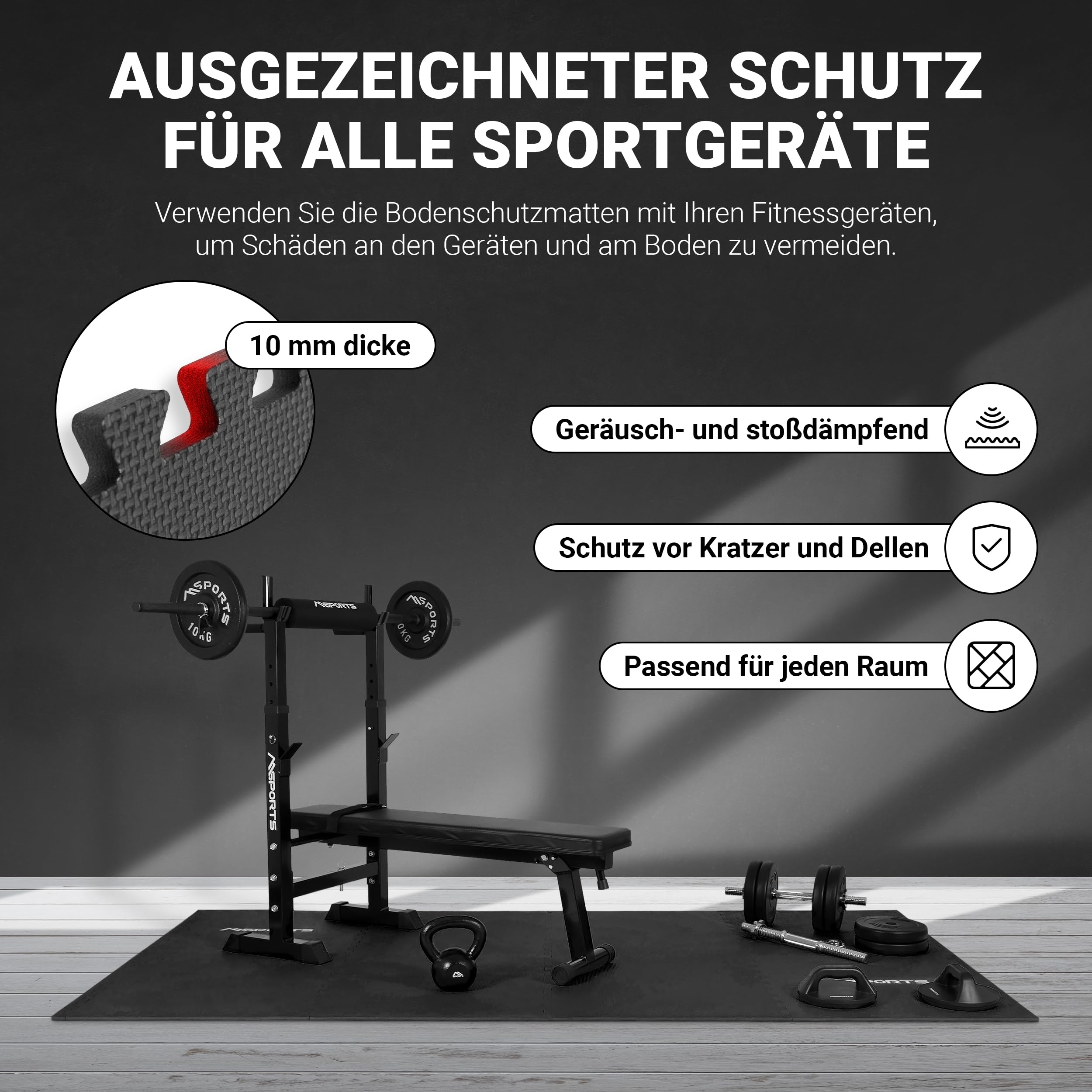 MSPORTS Bodenschutzmatte Set Premium – 8-teiliges Bodenschutz- & Fitnessboden-Set (3,2 m²) – rutschfeste Workout-, Yoga- & Fitnessmatten für Home-Gym, auch als Pool Unterlage - Puzzle-Matten