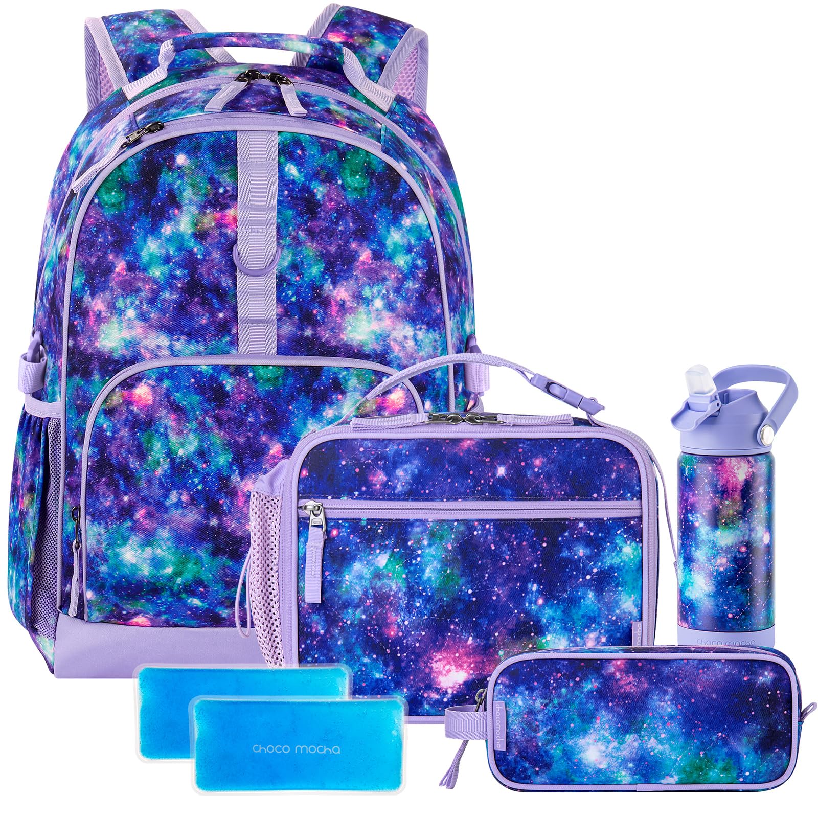 Cheetah Backpack Set Kids Backpacks for Girls, Girls Backpack with Lunch Box & Water Bottle, Elementary School Bookbag Age 6-8 17 Inch, Pink Galaxy Purple 4 Piece
