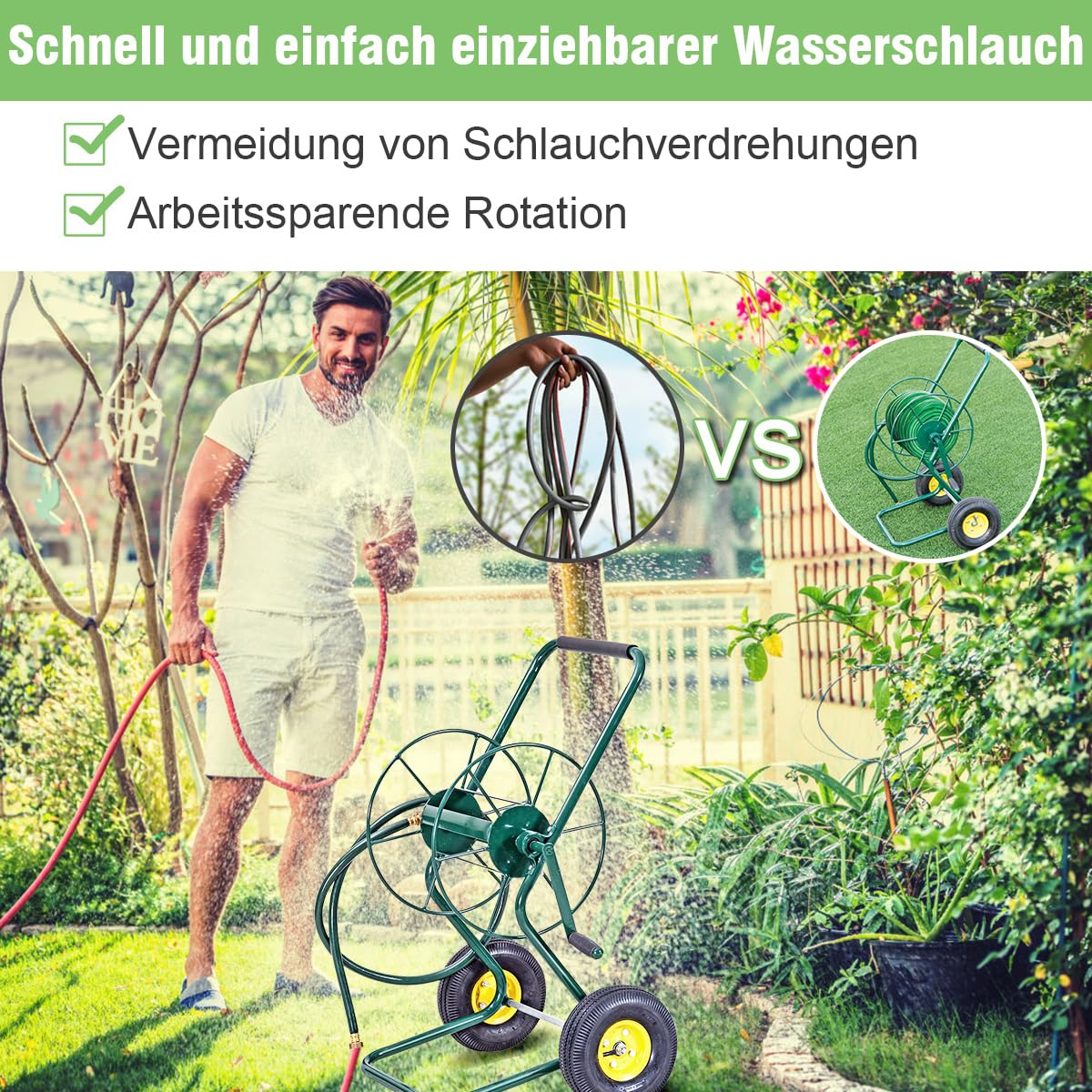 GOPLUS Schlauchwagen Metall, Gartenschlauchwagen für 3/4" Schlauch bis 61m, Schlauchtrommel mit Gummirädern & 188 cm Einlassschlauch, Schlauchaufroller Garten, 71 x 53 x 96,5cm, Grün