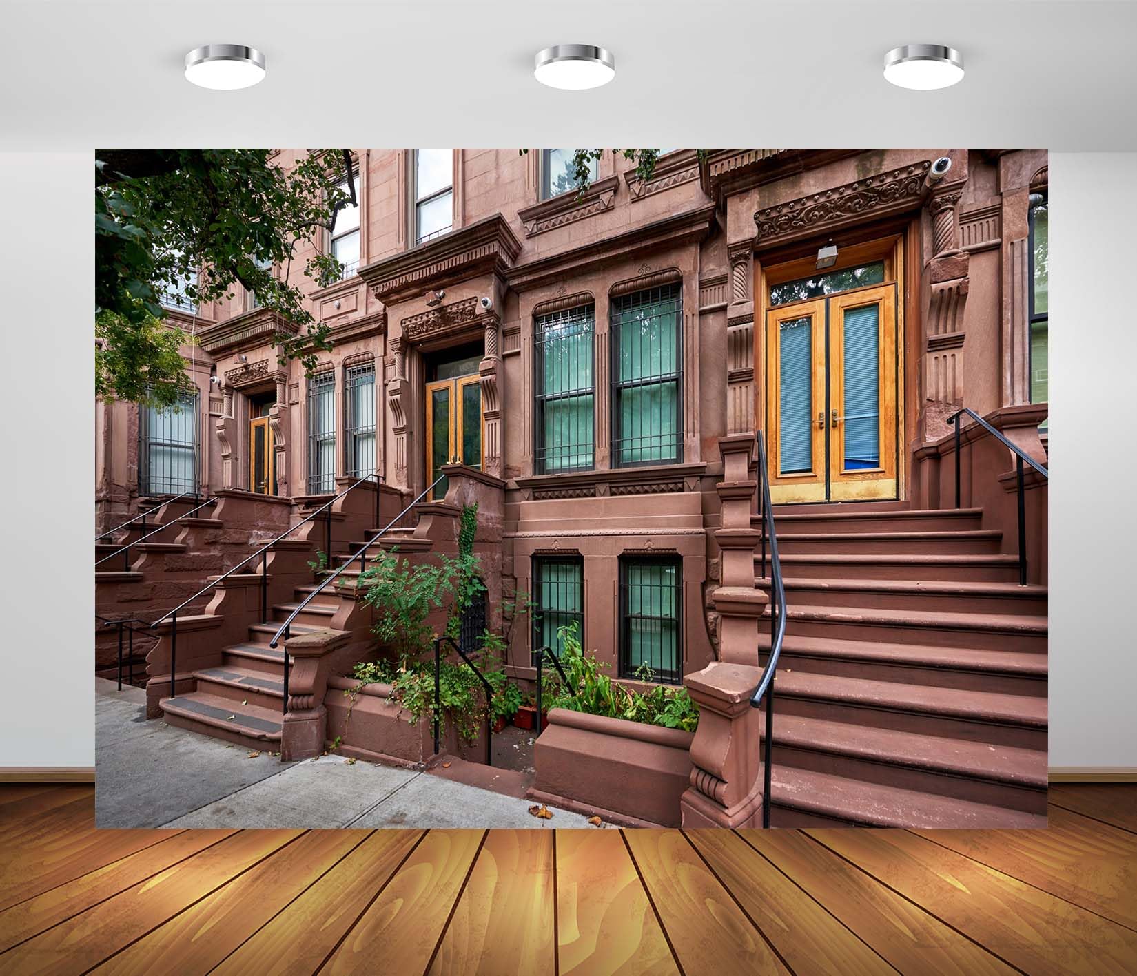 BELECO 7x5ft Fabric New York City Street Backdrop Historic Brownstones in an Iconic Neighborhood of Manhattan Background NYC Party Decorations