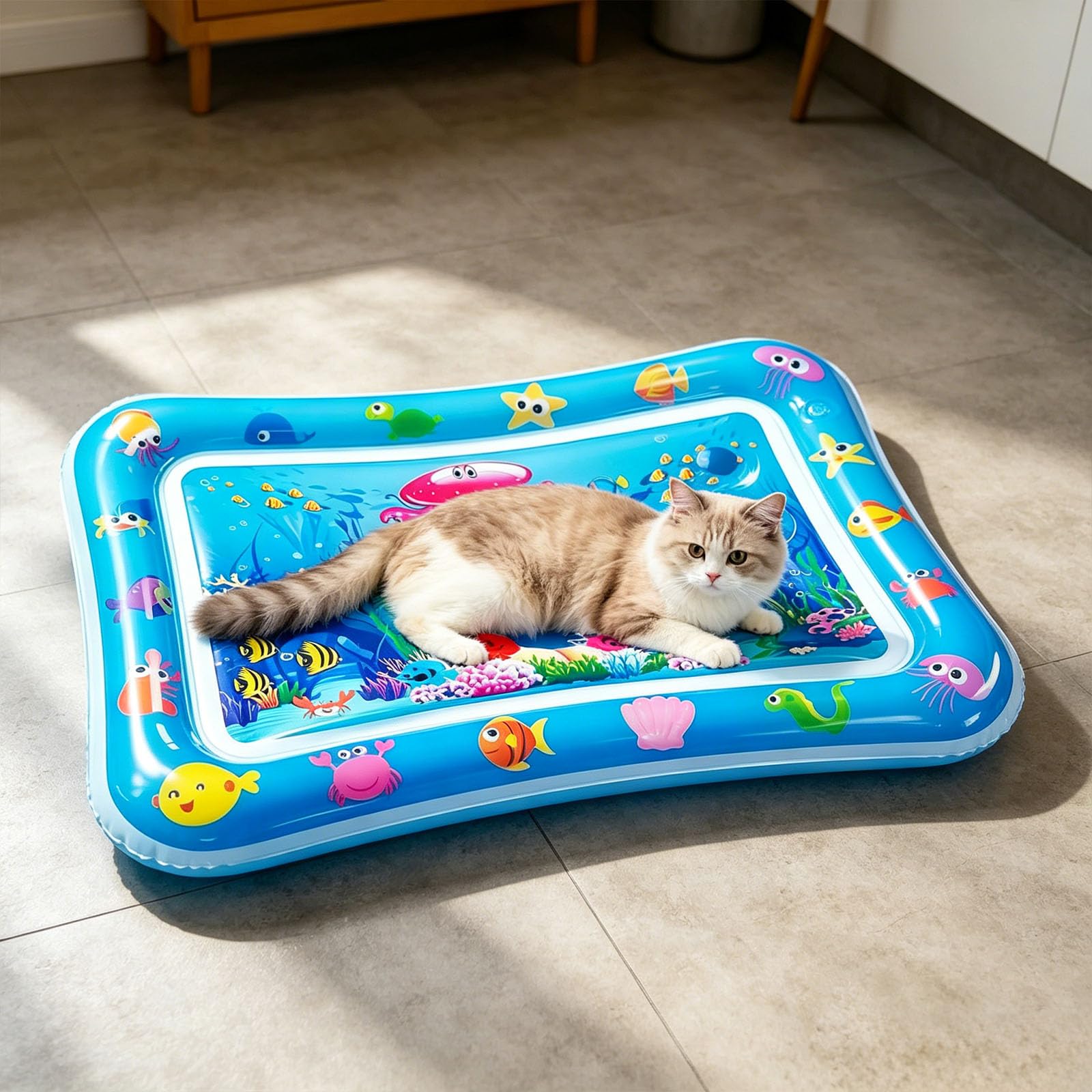 Kühlmatte Katze Wassermatte, Katzenspielzeug Wassermatte Sensorische Katze, 60x40CM Katzen Kühlmatte Katzenpool mit Fischen Spielzeug Licht, Interaktives Katzenspielzeug Selbstbeschäftigung Wasserbett