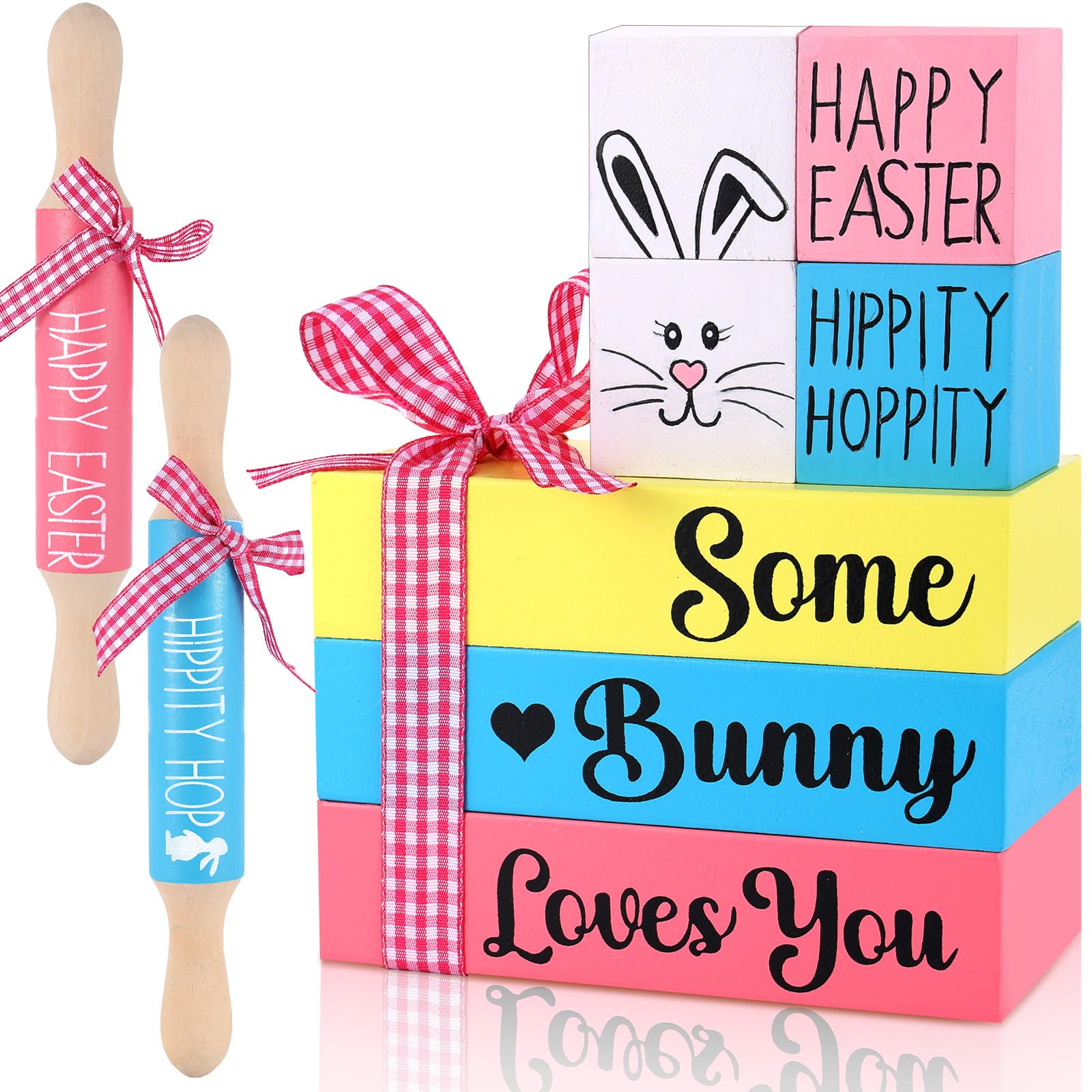 Easter Tiered Tray Decorations 3 Faux Books with Ribbon Rolling Pin 1 Pink 1 Green 4 Tabletop Sign Blocks Farmhouse Handmade Decor for Home Tray Table Bookshelf Mantel Wedding Anniversary