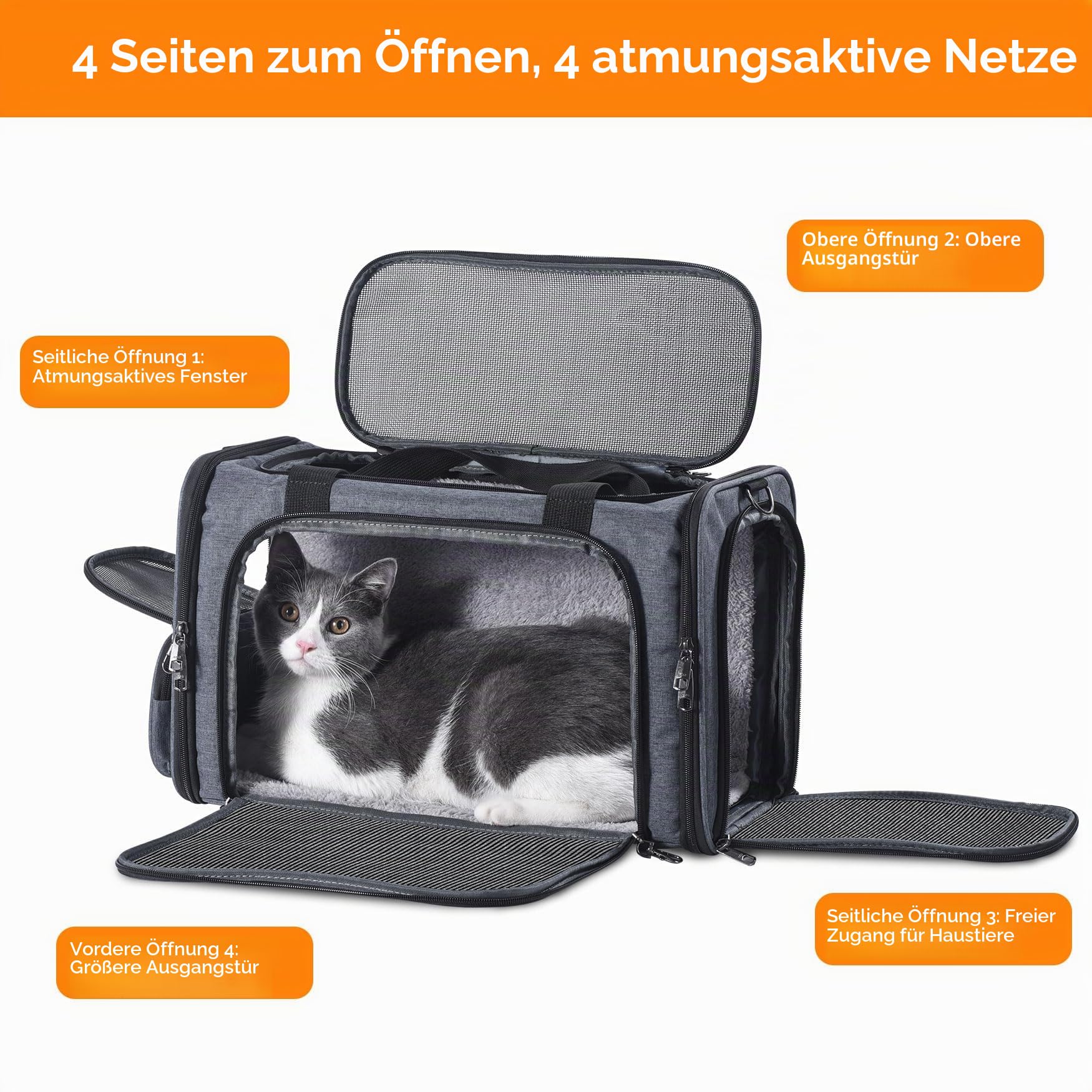 Katzentragetasche für Haustiere, von Flugzeug zugelassen, unter dem Sitz, TSA-Fluggesellschaften zugelassen, weiche Tragetasche für Katzen, Hunde, 44,5 x 21,6 x 27,9 cm, Grau