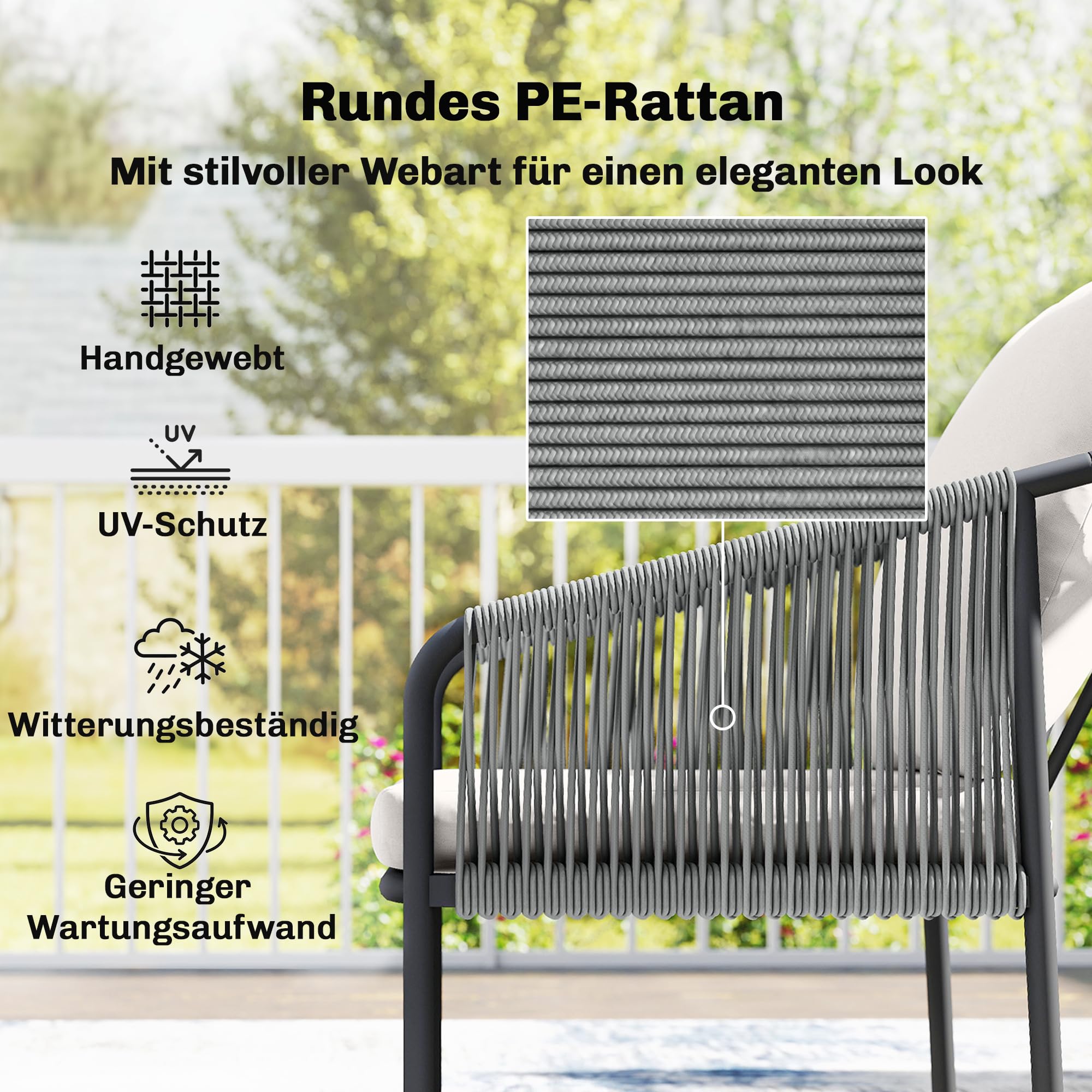 Outsunny Gartenmöbel Set 4-teilig Polyrattan Lounge-Set Zweisitzer Khaki | 2 Sessel, Couchtisch, Abnehmbare Kissen mit Bindebändern, Stahlrahmen, Balkonmöbel für 4 Personen