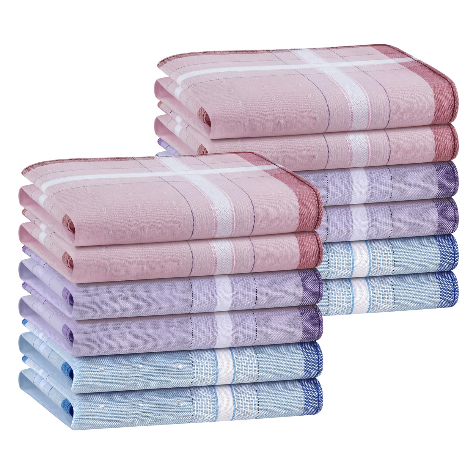 Houlife Women's Mixed-12Pcs 100% 60S Combed Cotton Handkerchiefs Soft Stripe Checkered Pattern Coloured Plaid Hankies For Wedding Party 6/12 Pieces 28X28cm