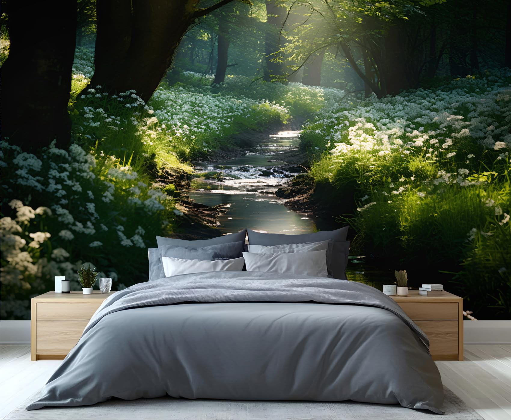 YXQAIED White Flowers Wallpaper, Forest Waterfall Wallpapers for Living Room Natural Landscape Poster Wall Painting for Office Bedroom Children's Room Corridor, 366x254cm