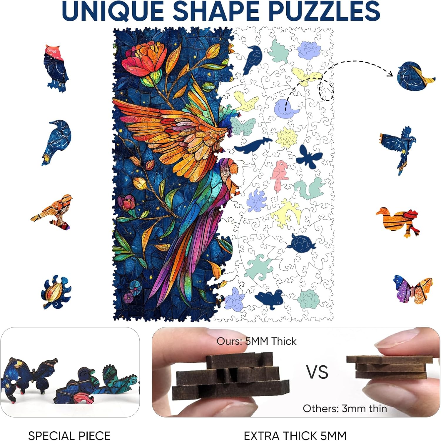 Delobil Wooden Puzzles for Adults 500 Pieces,Hummingbird Wooden Puzzles, Unique Shaped Hummingbird Jigsaw Puzzles, Birthday Creative Gifts Fun Challenging Family Puzzle Games, 12.6x16.1 Inch