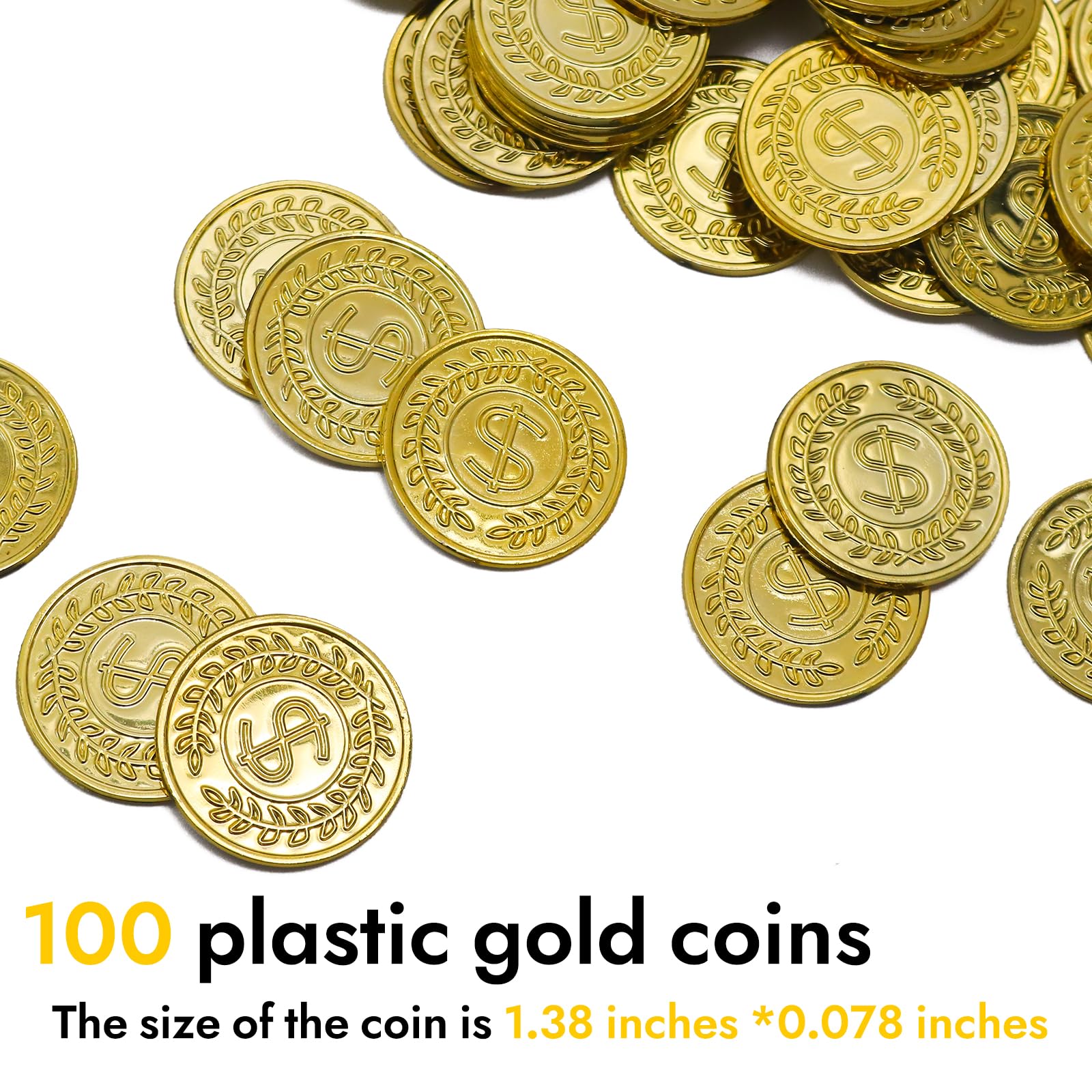 soitzhoc 100 piezas monedas de plastico，dinero de juguete，monedas de oro falsas,monedas juguete，monedas de oro de juguete para la caza del tesoro y los regalos de fiestas