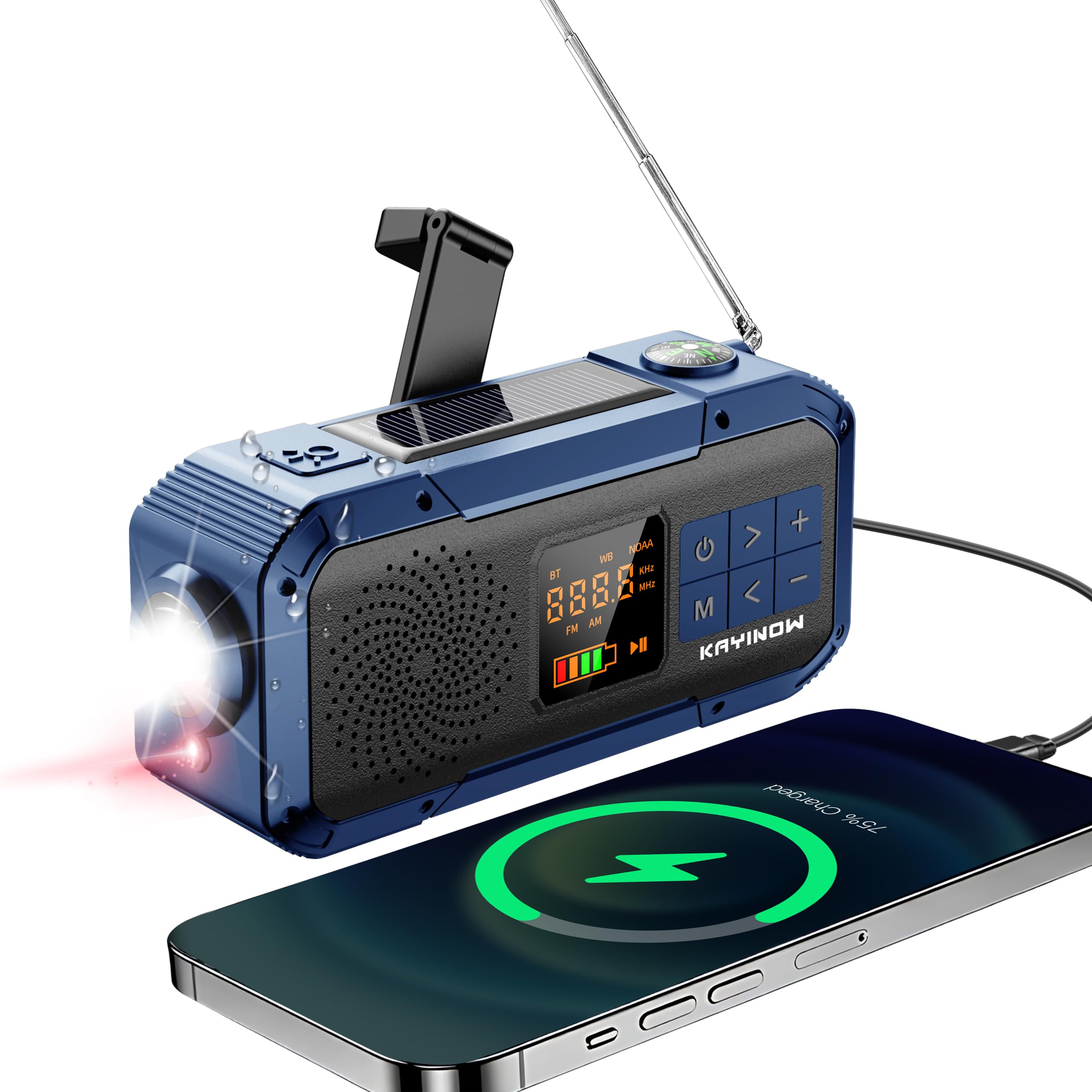Portable Emergency Radio with AM FM NOAA,Bluetooth Speaker,2000mAh Rechargeable Battery,USB-C Hand Crank Solar Charging,Clear Sound Quality,Flashlight,SOS Alarm for Storm Power Outages Camping