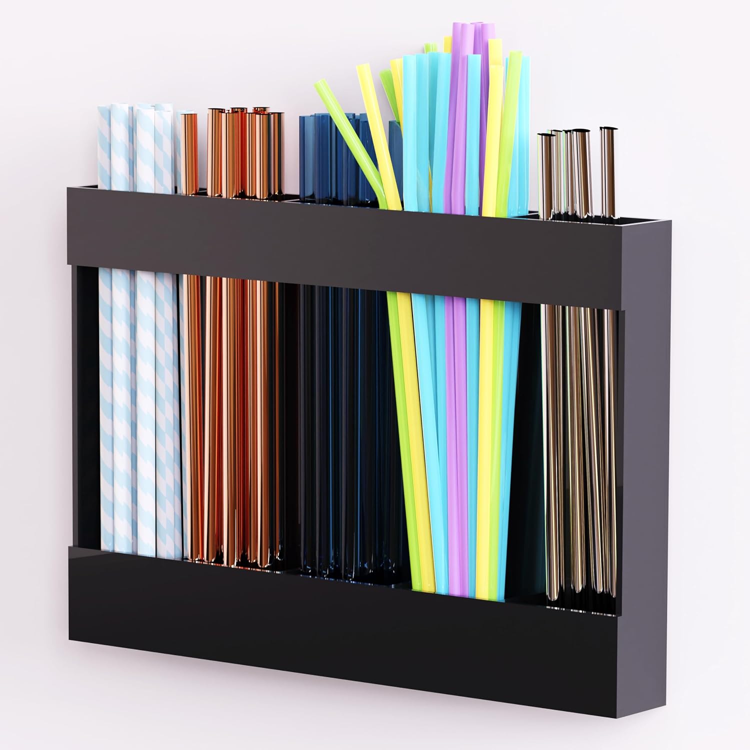Magnetic Acrylic Straw Holder for Fridge - 5 Slot Sturdy Kitchen Organizer, Adhesive-Free Refrigerator Storage for Metal, Glass, Silicone Straws & Utensils (Separate unit Black-Magnetic Type-5C)