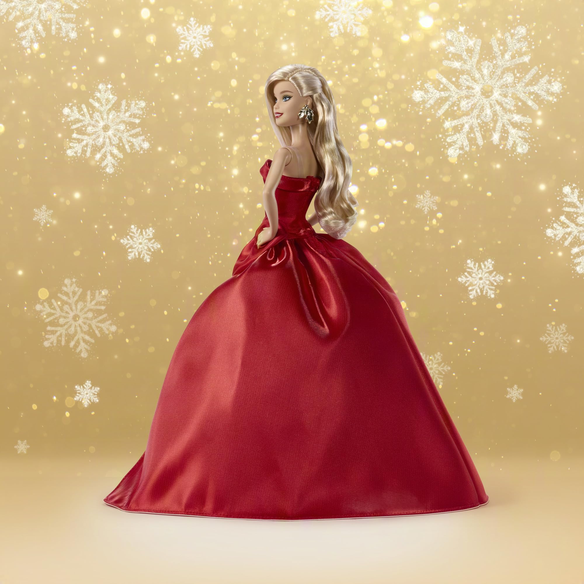 Barbie Signature Puppe, 2026 Holiday, Blonde Modepuppe | mit Schleifenkleid in Rot, saisonale Sammlerpuppe in einer Verpackung zum Ausstellen und mit Puppenständer, JJX70