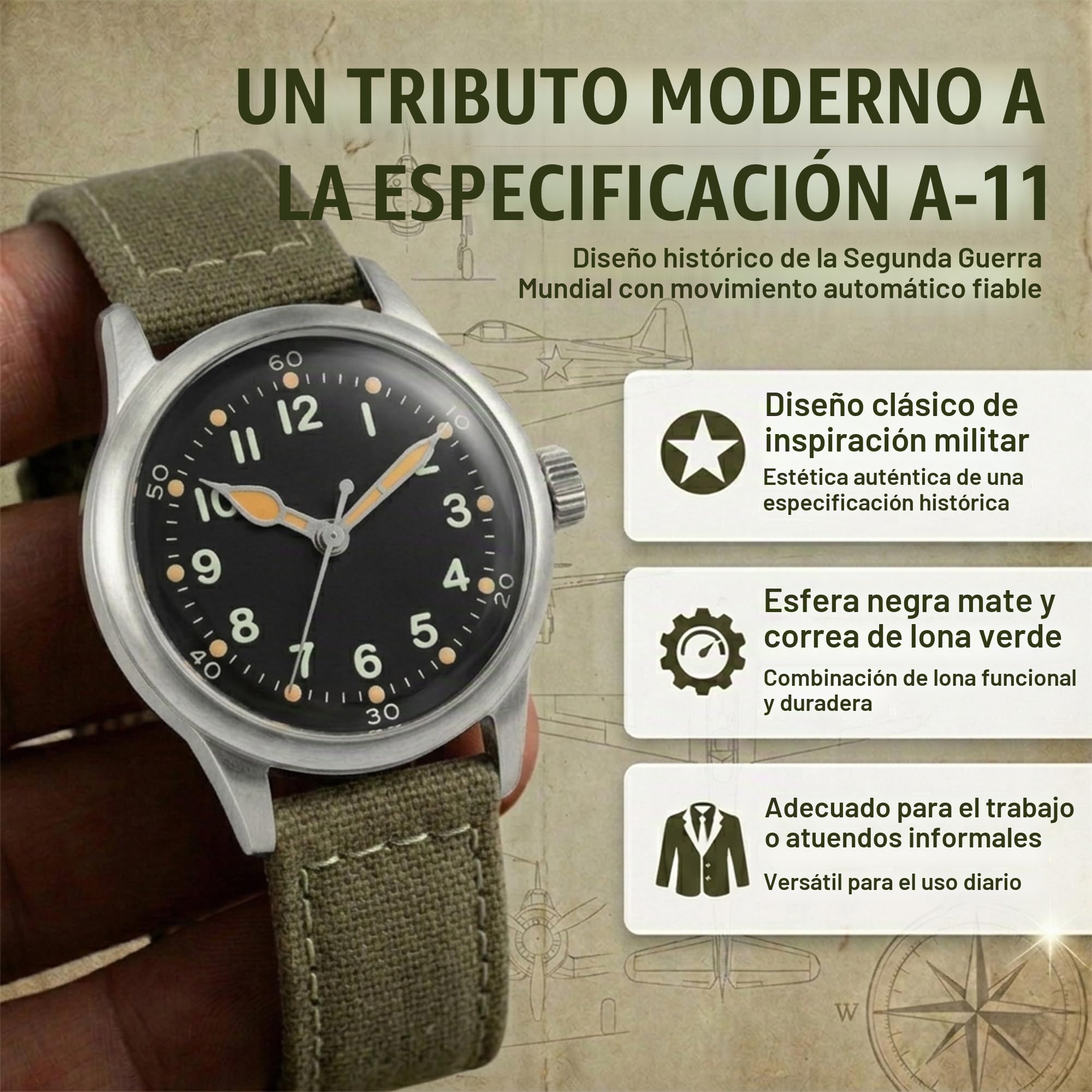 PRAESIDUS | Reloj de Servicio A-11 (Edición Tom Rice) - Relojes para Hombres - A11 Militar - Vidrio acrílico, caraguilla Negra de 38mm y Correa de Lona Verde - Montado en EE.UU., WW2