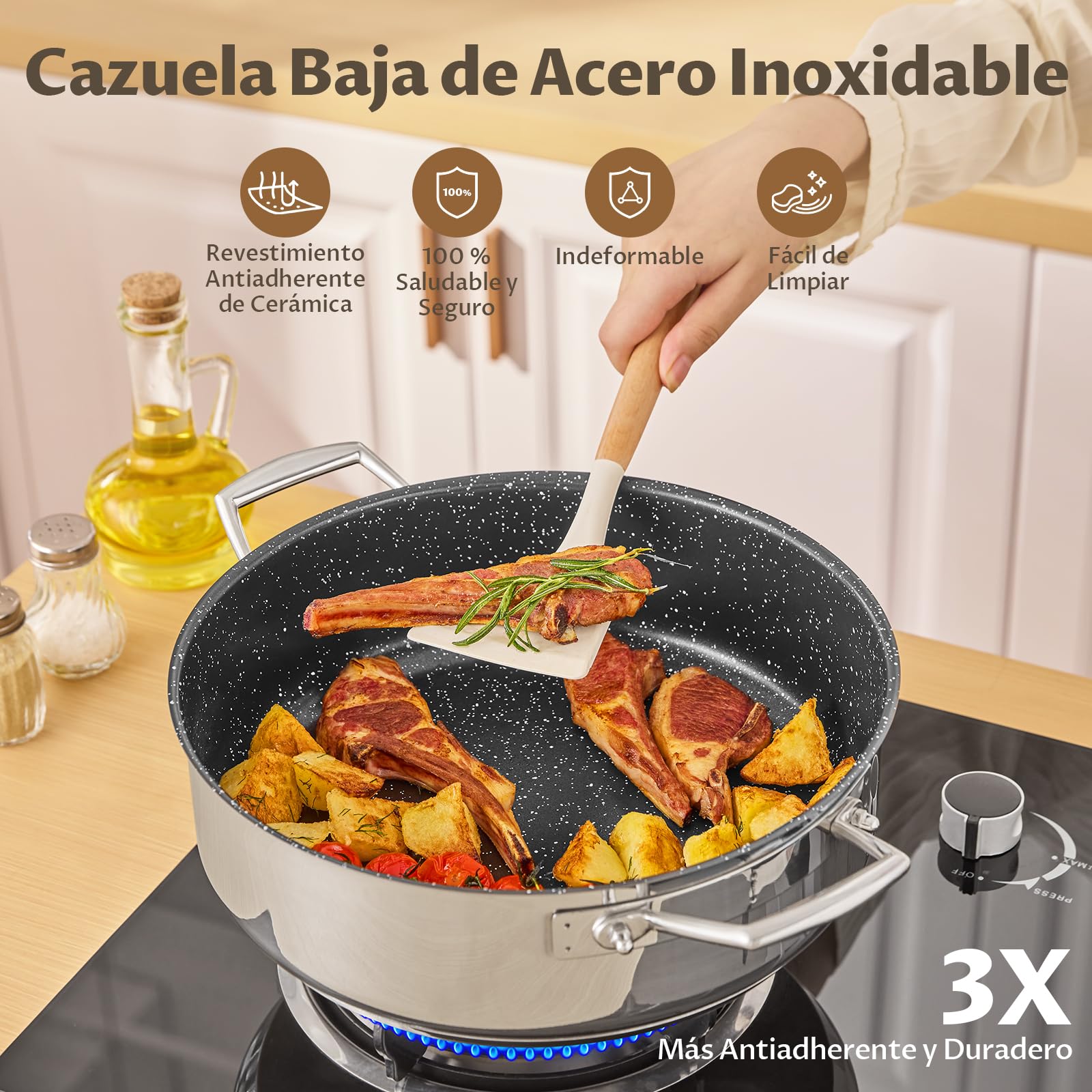 BEZIA Cacerola Baja Inducción 5.2 L Acero Inoxidable 18/10 Tapa Cristal | Bordes altos, todo tipo de cocinas, horno, Cerámica antiadherente sin PTFE, ideal para guisar, freír, asar y cocinar a diario