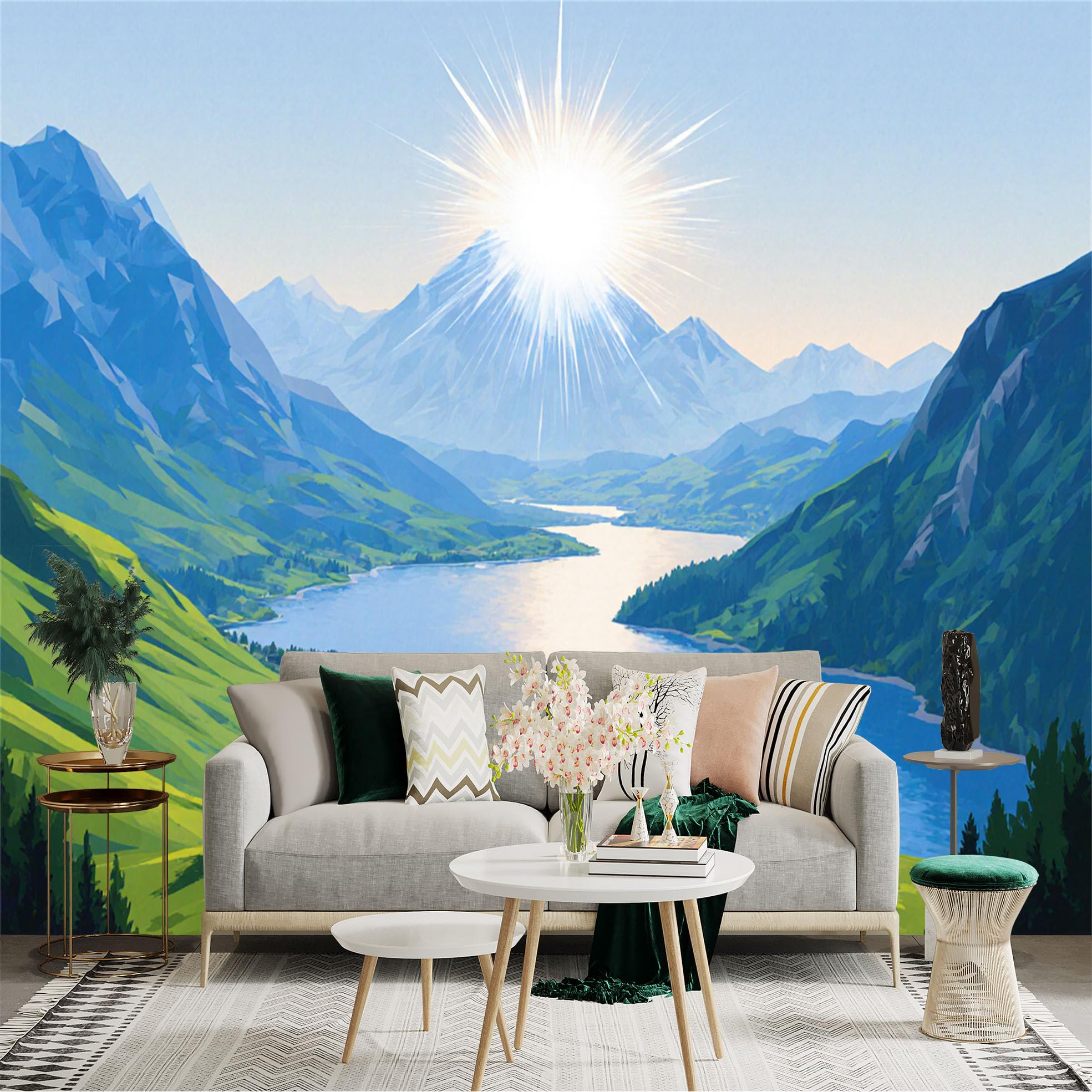 Custom Size Wall Sticker Mural， Sunlit Mountain Range with Serene Lake， Valley Scenery， Nature Landscape Art， for wall Decoration， peelandstick wall Decals.