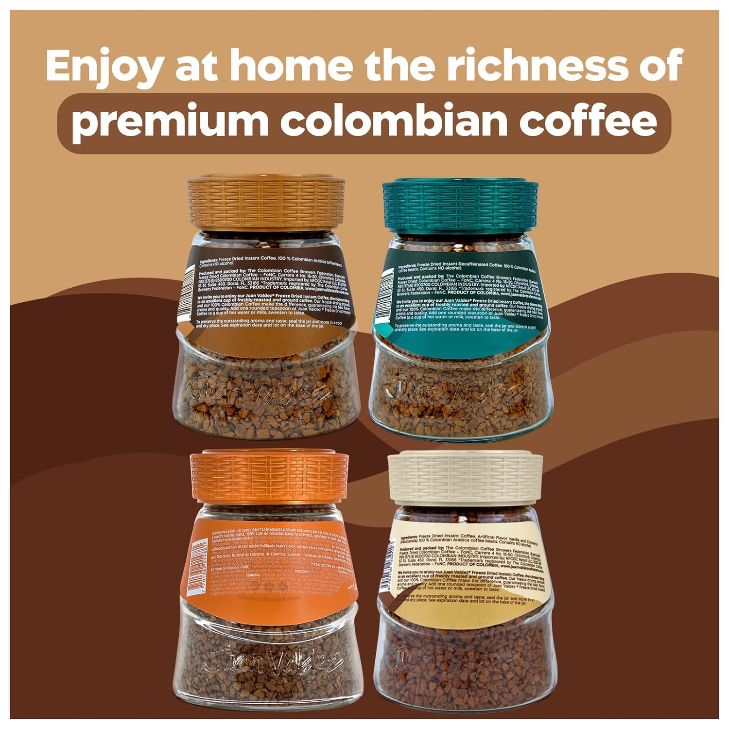 Juan Valdez Freeze-Dried Instant Coffee Bundle - Regular (3.5 oz), Decaf (3.5 oz), Dulce de Leche (3.35 oz) & Vanilla Cinnamon (3.35 oz) | 100% Colombian Arabica Beans | Premium Colombian Coffee