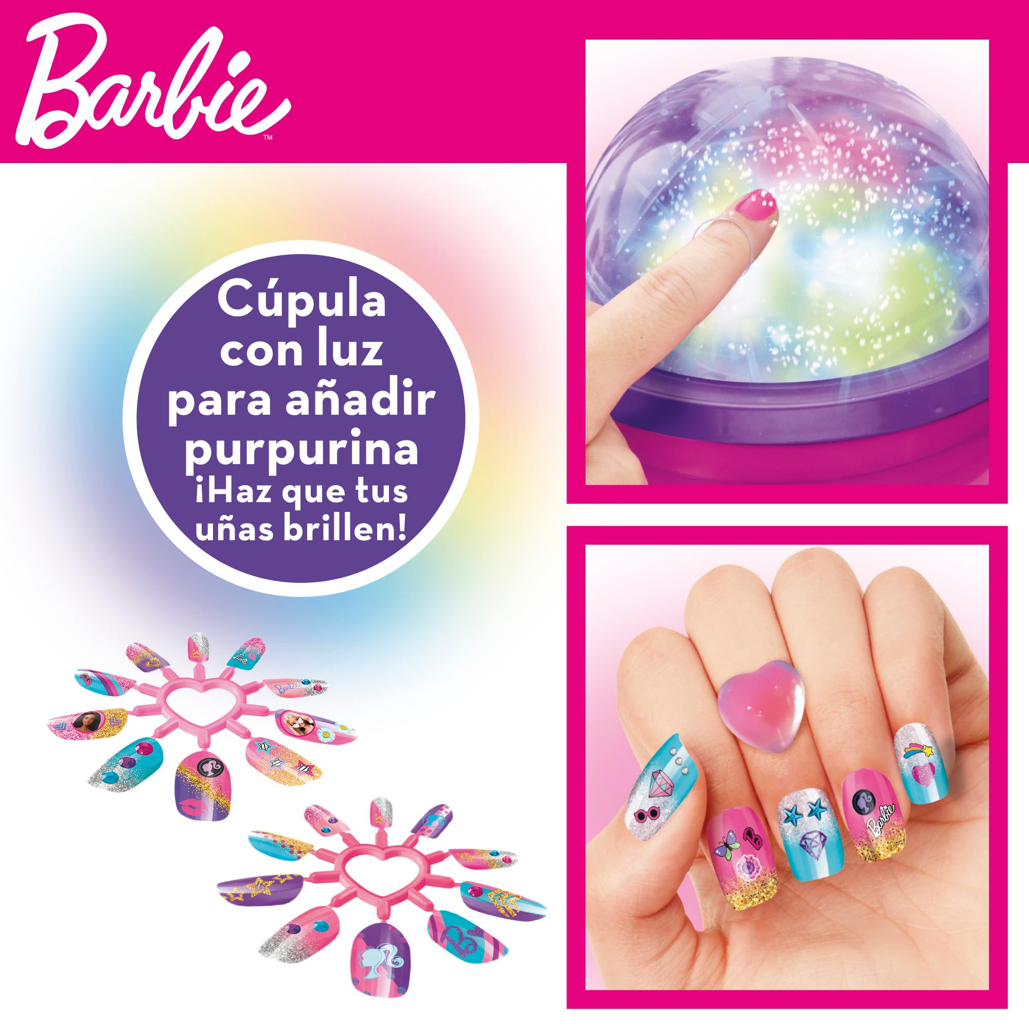 Colorbaby Barbie - Juego manicura niñas con Pegatinas, brillantitos, uñas postizas, Purpurina, esmaltes y Utensilios, con cúpula de Purpurina, Set pintauñas, para niña de 8 años, 48427