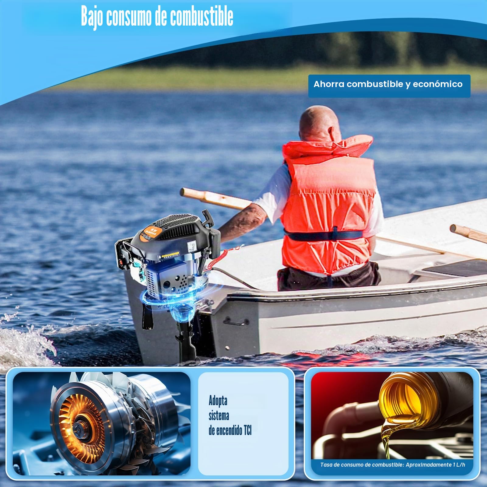 Motor fueraborda de 4 tiempos, 6 CV, motor de gasolina con sistema de encendido TCI y sistema de refrigeración por aire, fueraborda para barco de pesca inflable, barco de pesca y pesca, bajo consumo