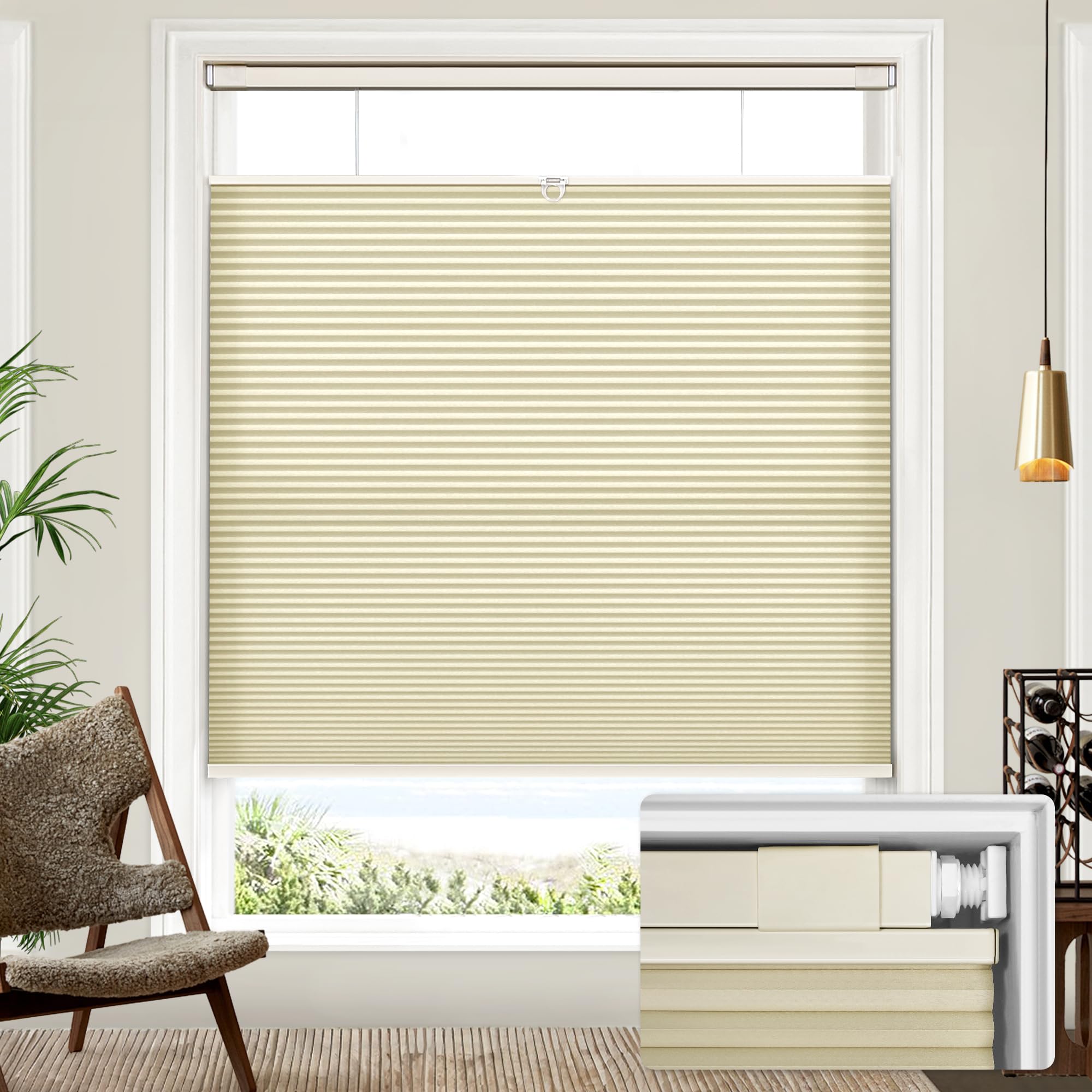 Lazblinds Upgraded Magnetic Top Down Bottom Up (TDBU) Honeycomb Blinds, No Drill No Tools Easy Install Cordless Cellular Shades for Windows 27" W x 64" H, Beige - Light Filtering