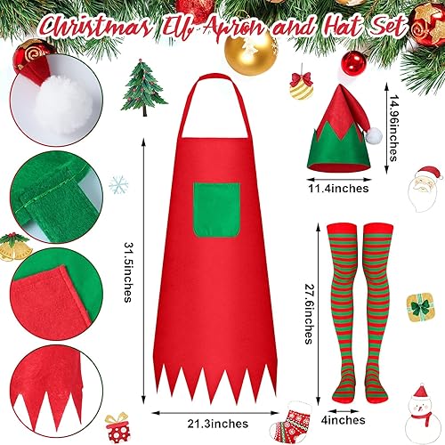 Miniatura 3 de Suhine Juego de 36 piezas de disfraz de elfo navideño para mujer, incluye 12 delantales de elfo, 12 sombreros de elfo, 12 pares de medias largas