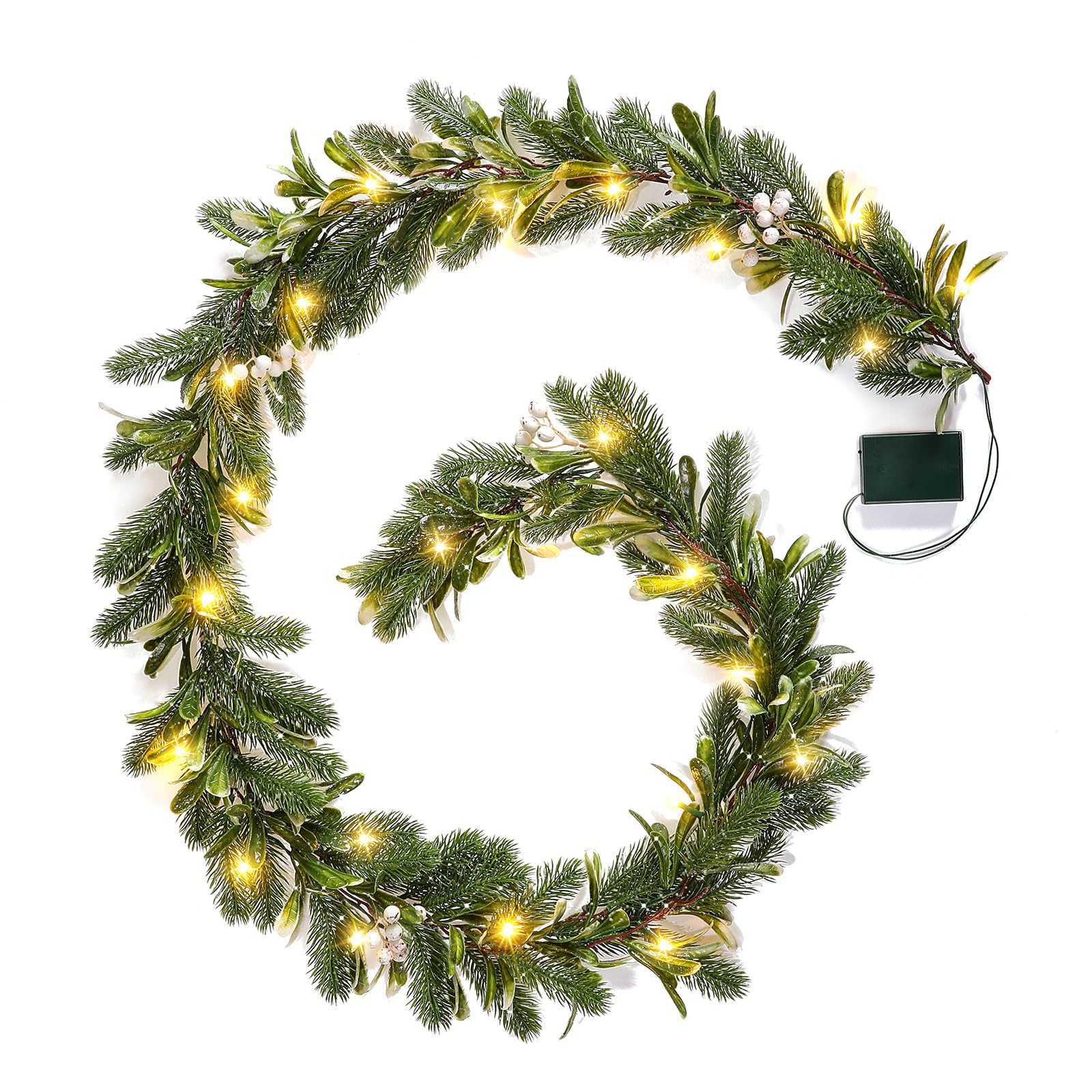 Flopttsun 6FT Pre-lit Christmas Pine Garland with Olive Berry,Battery Operated Garlands Xmas with Timer,Faux Greenery Vine for Home Mantle Fireplace