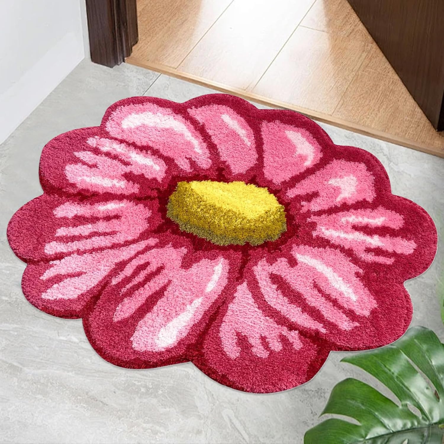 ABREEZE Pink Daisy Rug Plush Rug Bath Mat Shaggy Door Mat Water Absorbent Rose Floral Mats Anti-Slip(Non-Slip) Modern Carpet Washable Floor Mats for Bedroom/Sofa/Bathroom