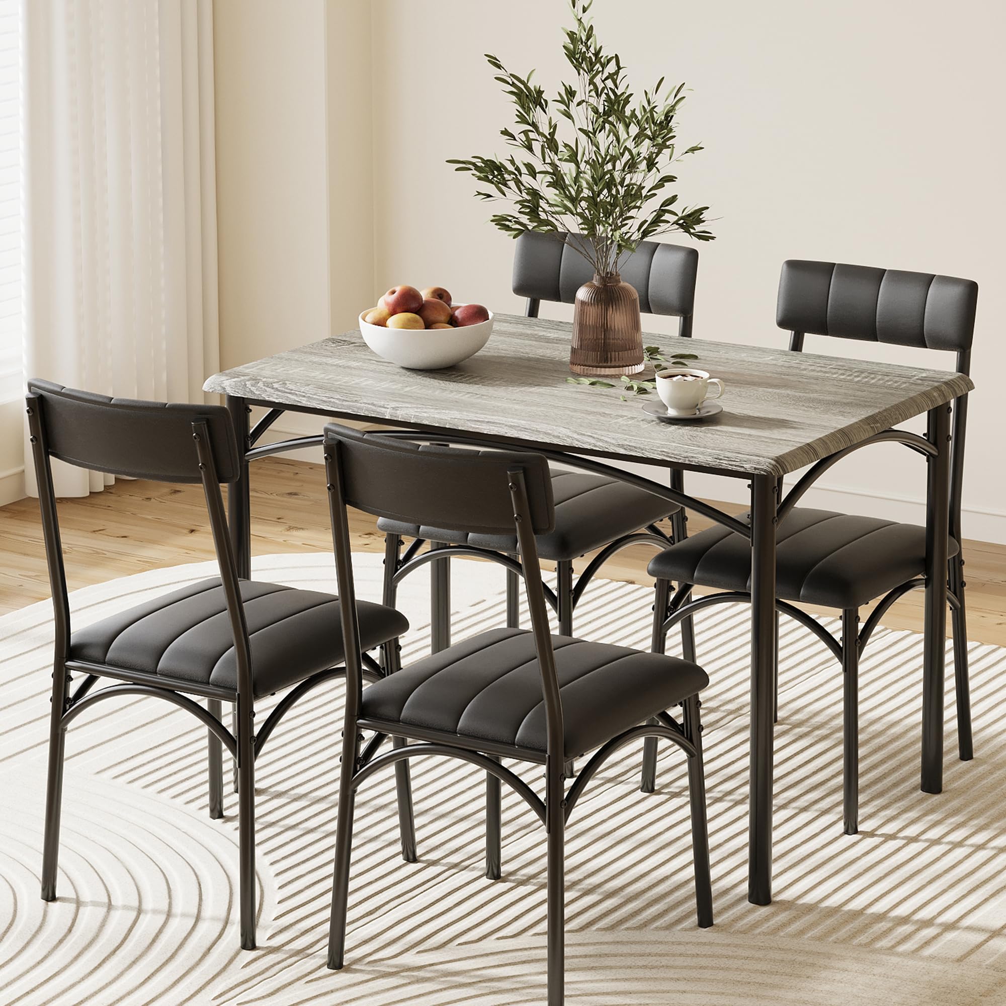 Crevyteg Dining Table Set for 4, 5 Piece Kitchen Table and Chairs for 4 with Upholstered Chairs, Rectangular Dining Room Table Set, Kitchen Table Set for Small Space, Apartment, Studio, Rustic Gray