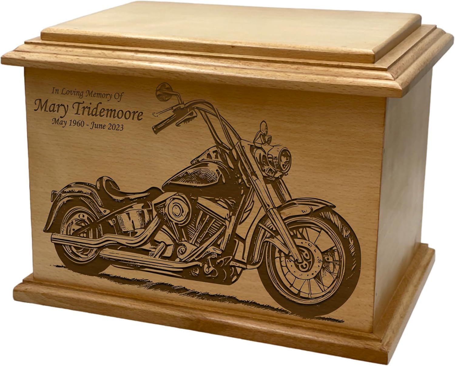 Wooden Urn for Human Ashes, Large Funeral Cremation Urn with Personlaization and Multiple Designs (Motorcycle)