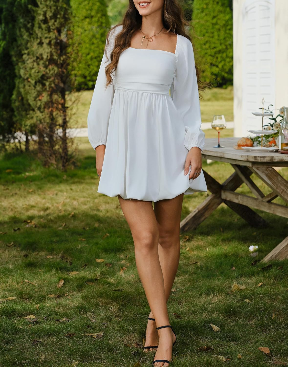 HYPERFIRE Women's Square Neck Long Sleeve Bubble Mini Dress Pleated Smocked A Line Wedding Dresses - Image 7