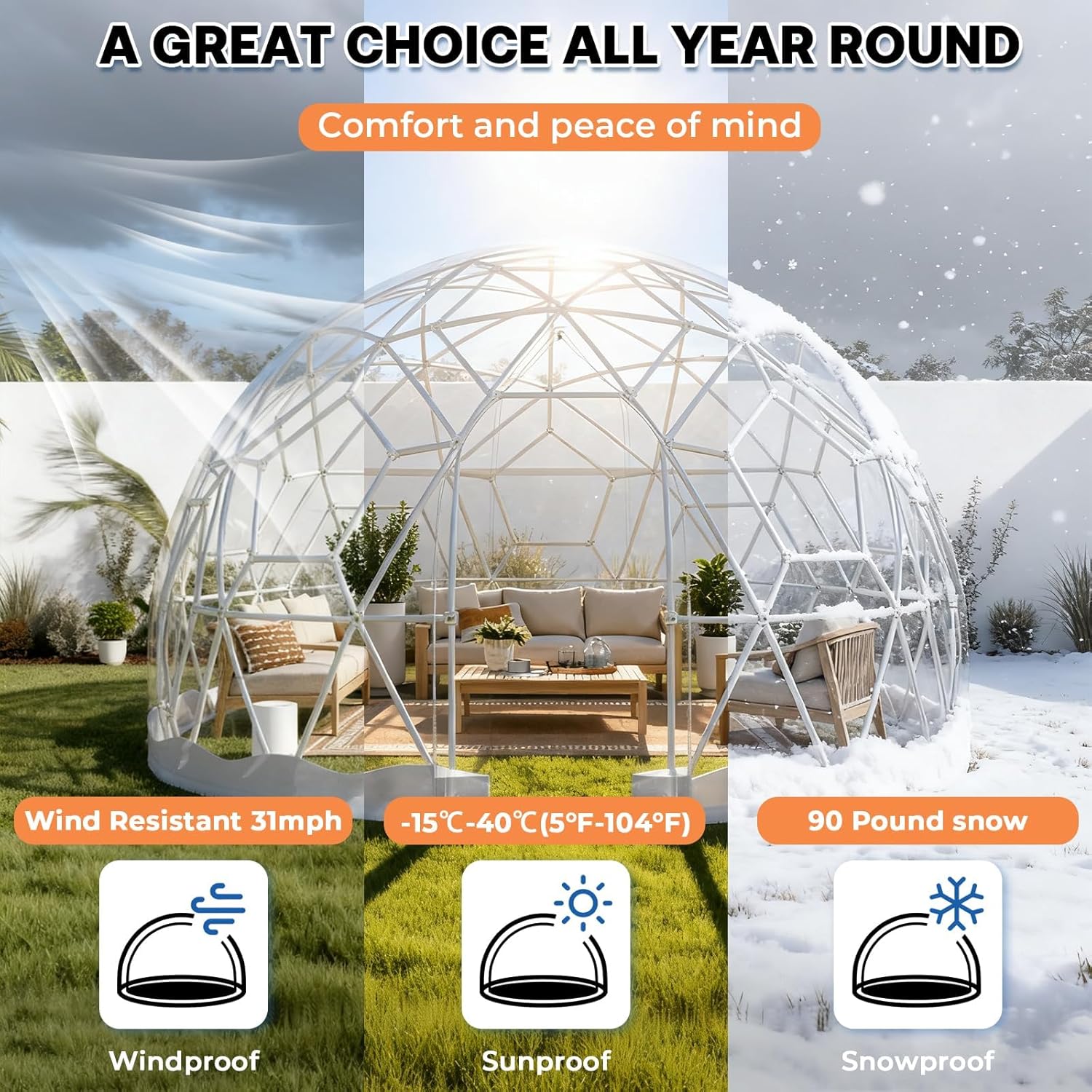 12 * 7.2FT Garden Dome Tent with 2*Lights, Upgraded Weatherproof Garden Geodesic Dome Greenhouse Bubble House Camping Tent with Transparent Cover for 2-6 Person and Window for Outdoor, Party, White