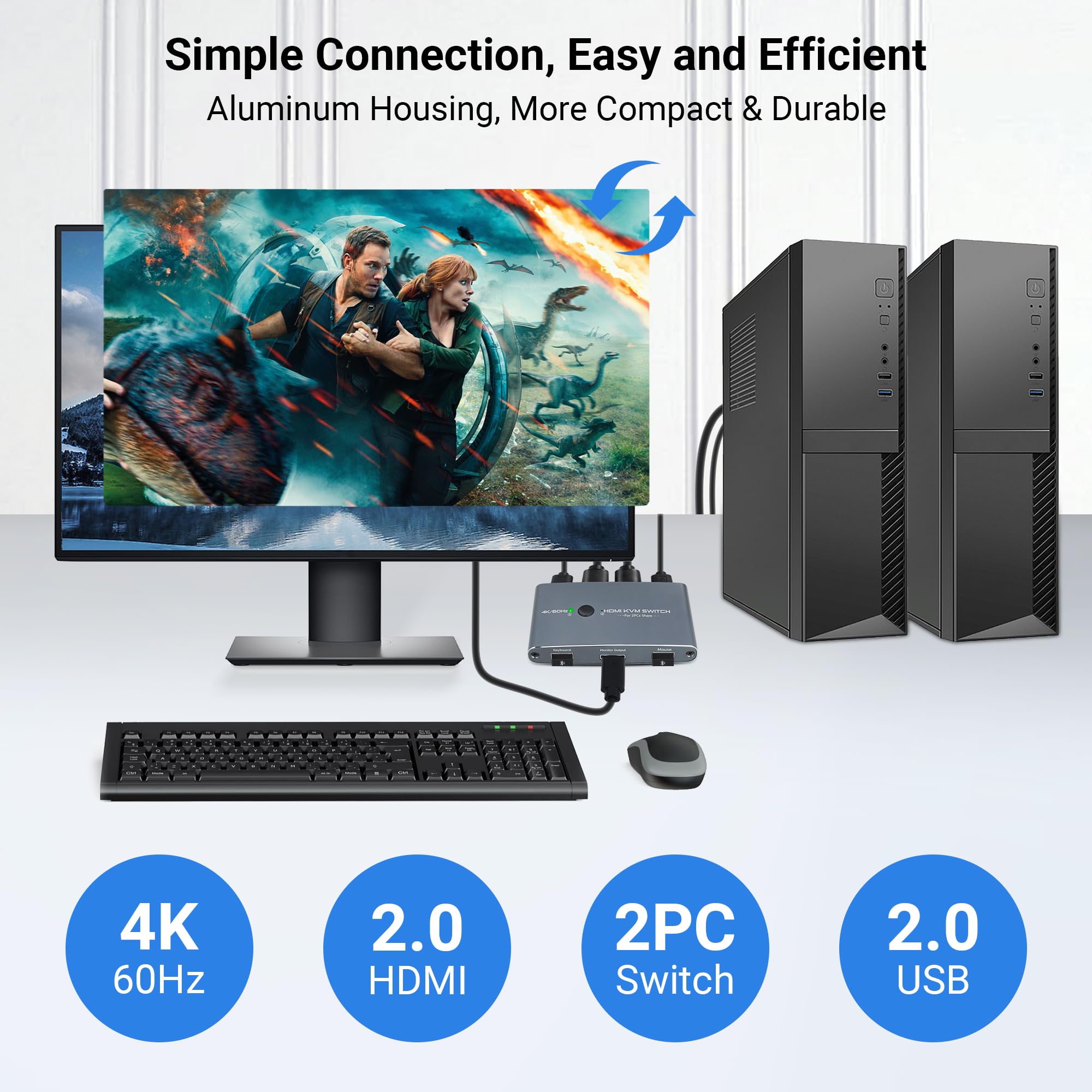 Switch KVM HDMI 2 Puertos 4K 60 Hz, Conmutador Aluminio USB Para 2 Ordenadores Conectar 1 Monitor HD, Teclado, Ratón, Impresora, Disco U