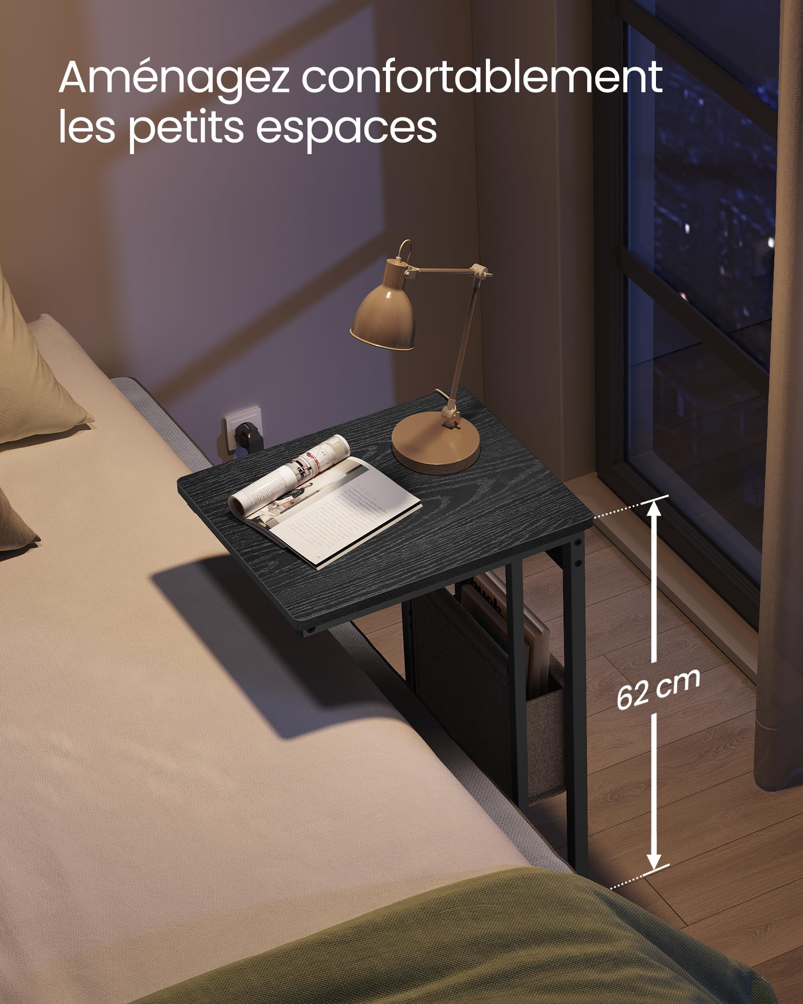 VASAGLE Table d’Appoint, Table de Chevet avec Multiprise, Bout de Canapé en Forme de C, pour Petits Espaces, 2 Ports USB et Prises, Sac, Pieds Réglables, pour Chambre, Salon, Noir Boisé LET356B02V1