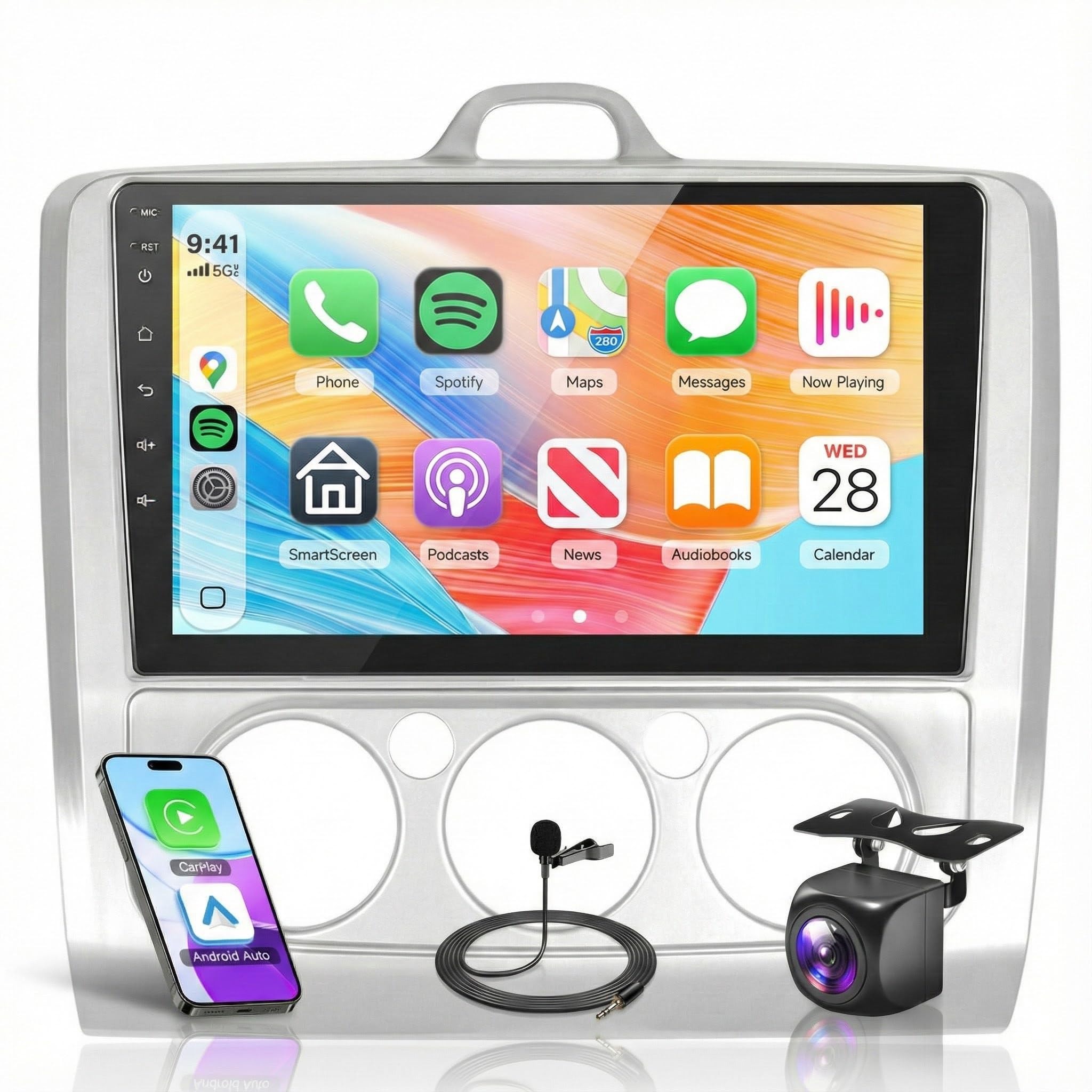 2G+64G Android Car Stereo for Ford Focus Exi MT 2 3 Mk 2/Mk 3 2004-2011 with Wireless Carplay, 9 Inches Touch Screen Car Radio with GPS Bluetooth FM HiFi WiFi Android Auto Backup Camera