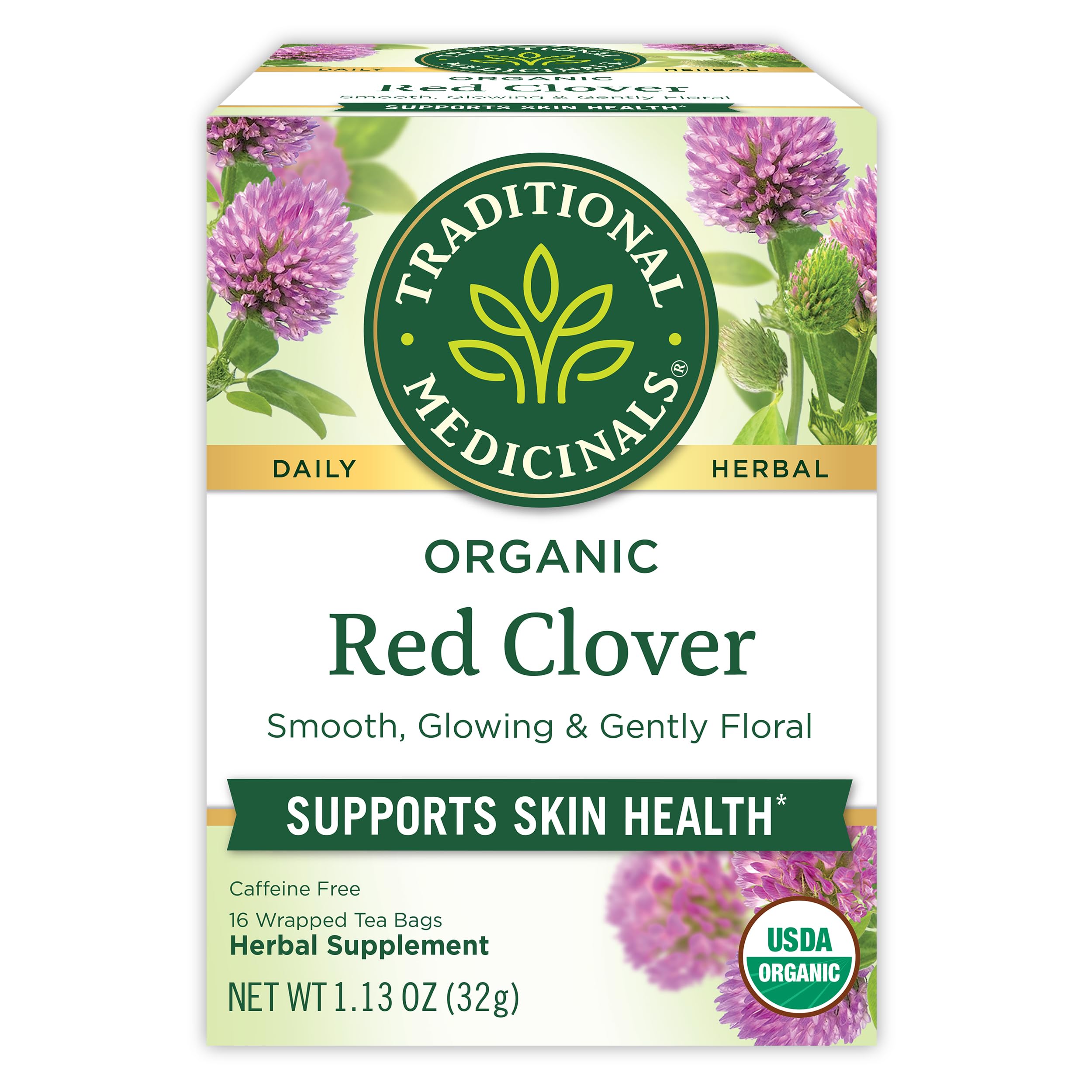 Traditional Medicinals Tea, Organic Red Clover, Supports Skin Health, 16 Tea Bags, 16 Count (Pack of 1)